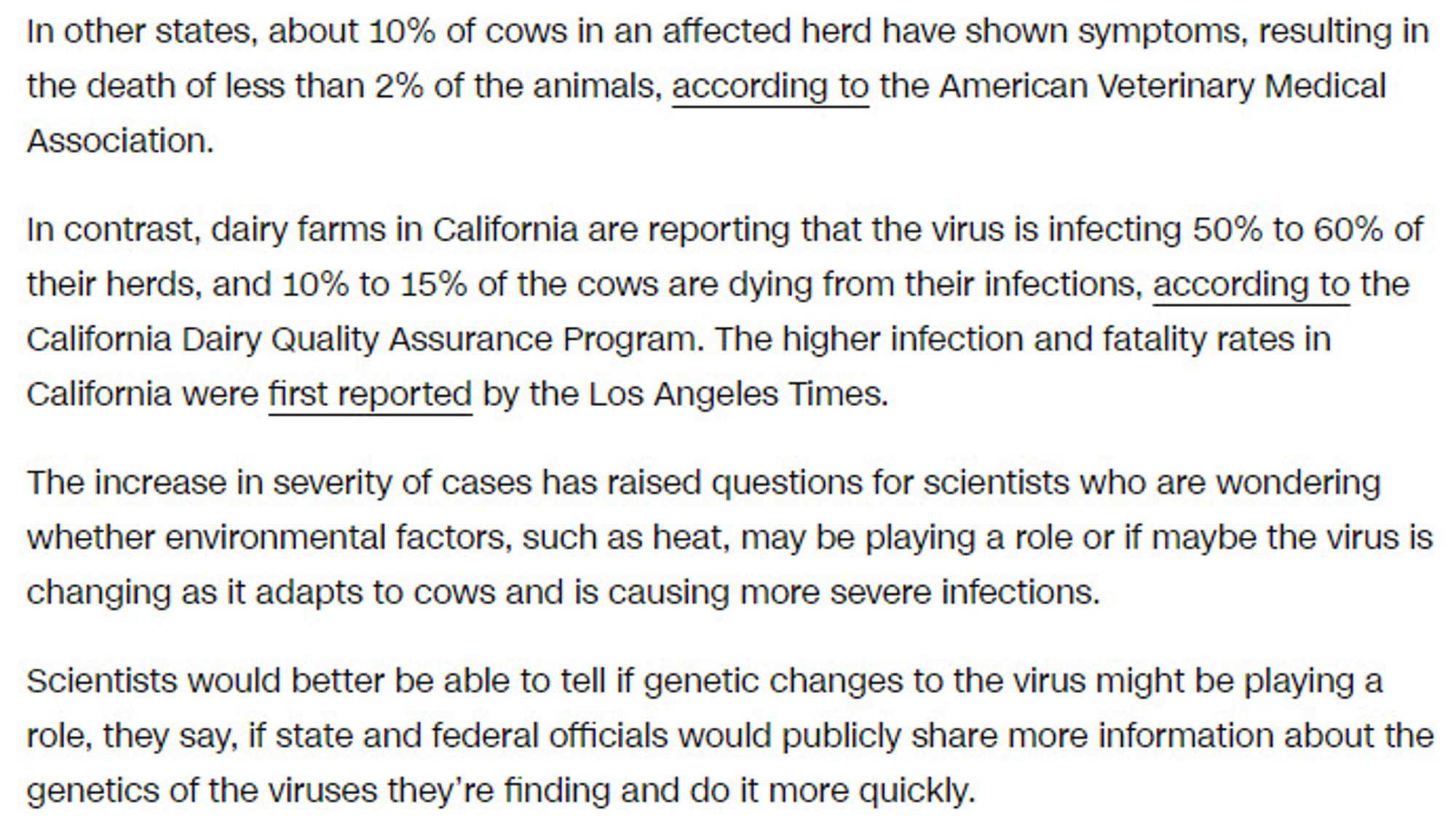 In other states, about 10% of cows in an affected herd have shown symptoms, resulting in the death of less than 2% of the animals, according to the American Veterinary Medical Association.
In contrast, dairy farms in California are reporting that the virus is infecting 50% to 60% of their herds, & 10% - 15% of the cows are dying from their infections, according to the California Dairy Quality Assurance Program. The higher infection & fatality rates in California were first reported by the LA Times.
The increase in severity of cases has raised questions for scientists who are wondering whether environmental factors, such as heat, may be playing a role or if maybe the virus is changing as it adapts to cows and is causing more severe infections.
Scientists would better be able to tell if genetic changes to the virus might be playing a role, they say, if state & federal officials would publicly share more information about the genetics of the viruses they’re finding & do it more quickly