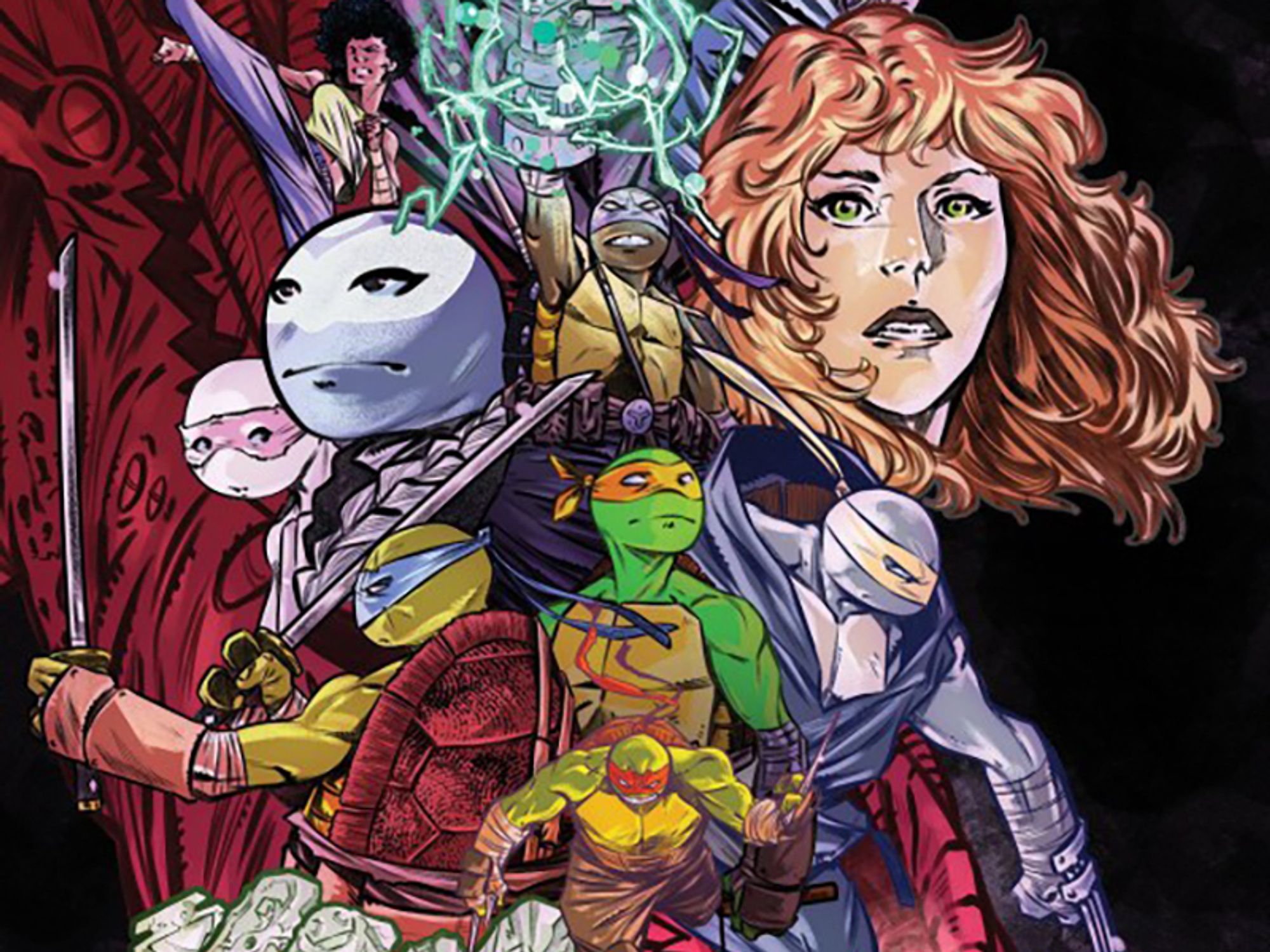 A portion of Vincenzo Federici's cover for Teenage Mutant Ninja Turtles #150. The cropped section features a varity of headshots, bodyshots, and half body shots of characters including Leonardo, Michaelangelo, Raphael, Donatello, Jennika, April O' Neil, Lita (a young turtle), Venus (a young woman mutated then turned into a Turtle), human ally Carmen, and the big bad time destroying shark being Armaggon.