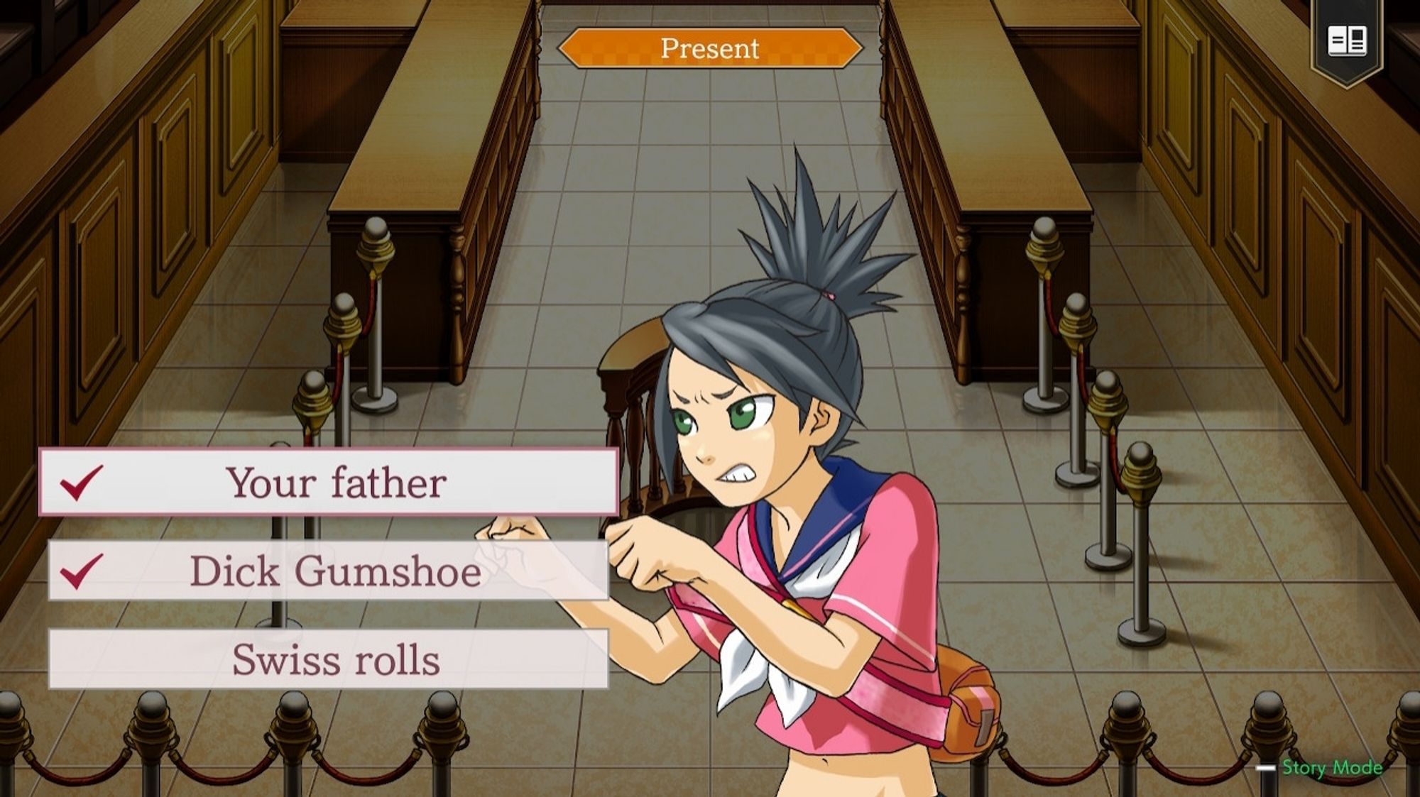 Ace Attorney Investigations screenshot shows three conversation topics - your father, Dick Gumshoe, Swiss rolls