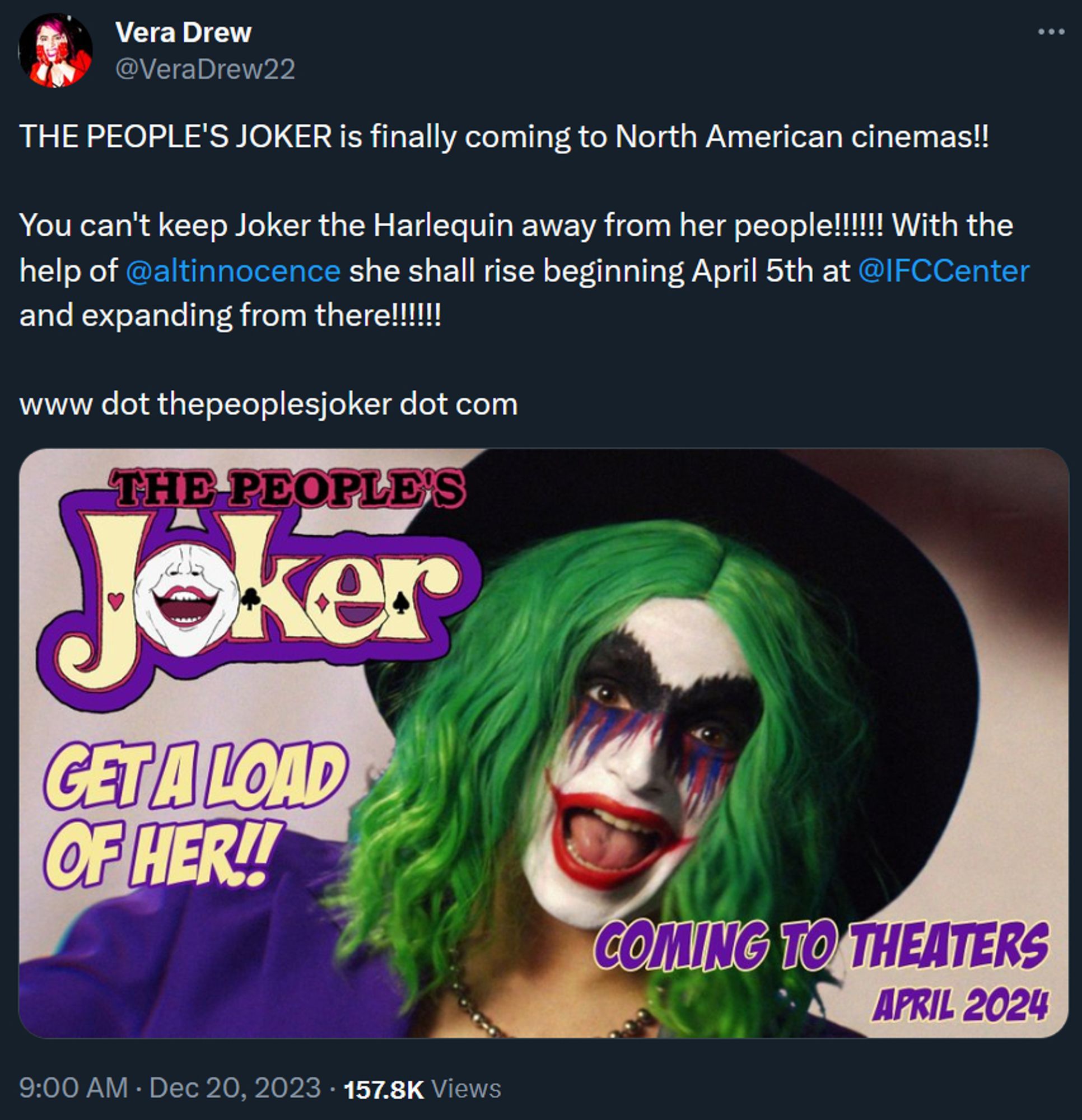 Vera Drew
@VeraDrew22
THE PEOPLE'S JOKER is finally coming to North American cinemas!! 

You can't keep Joker the Harlequin away from her people!!!!!! With the help of @altinnocence
 she shall rise beginning April 5th at @IFCCenter
 and expanding from there!!!!!!

www dot thepeoplesjoker dot com