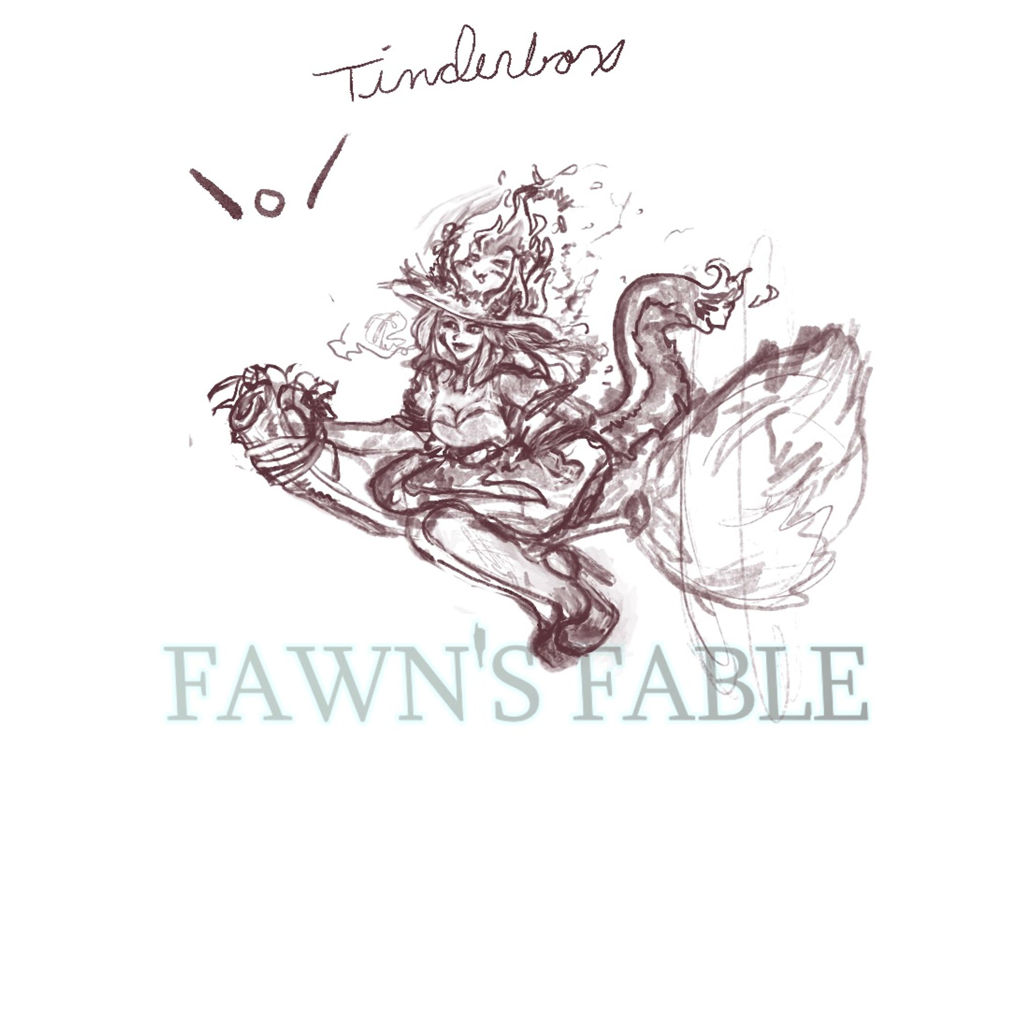 A happy <unknown> witch riding a broom with a happy fire named Tinderbox on her noodle. Fawn's Fable is under her.

\o/

Come watch me livestream at

https://www.twitch.tv/fawnsfable