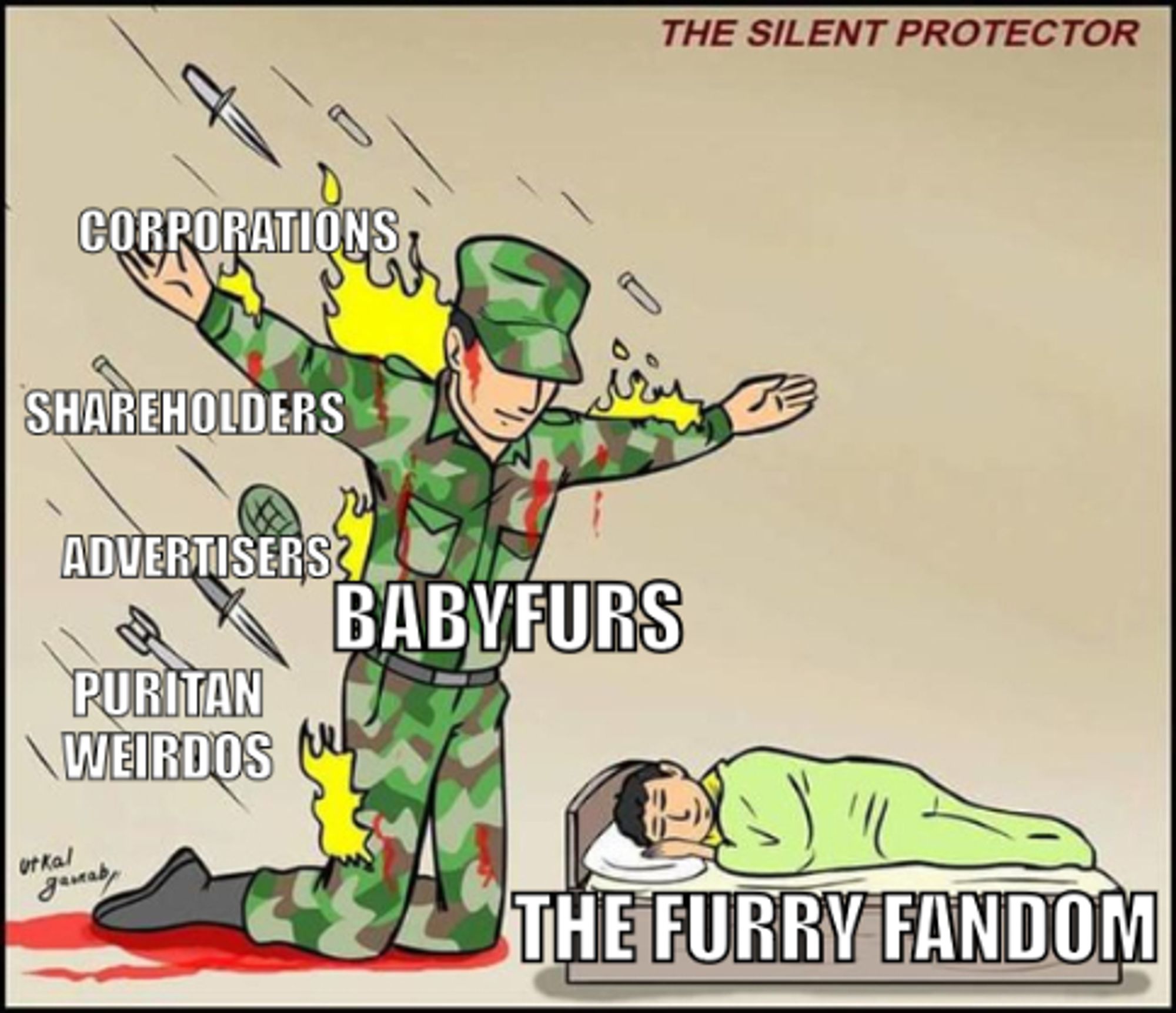 "the silent protector" meme where the soldier is labeled "babyfurs," the sleeping child labeled "the furry fandom," and the weapons and bombs labeled "corporations, shareholders, advertisers, and puritan weirdos"