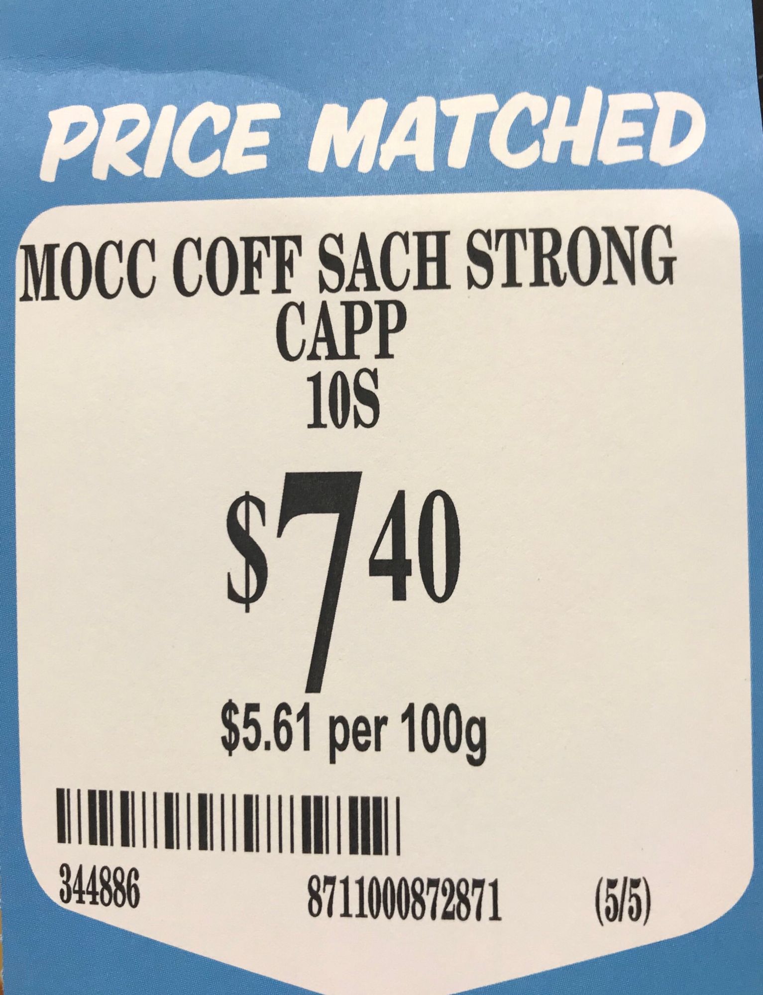 IGA price tag for Moccona 10 sachets with the headline ‘PRICE MATCHED’ and the same (higher than before) price of $7.40