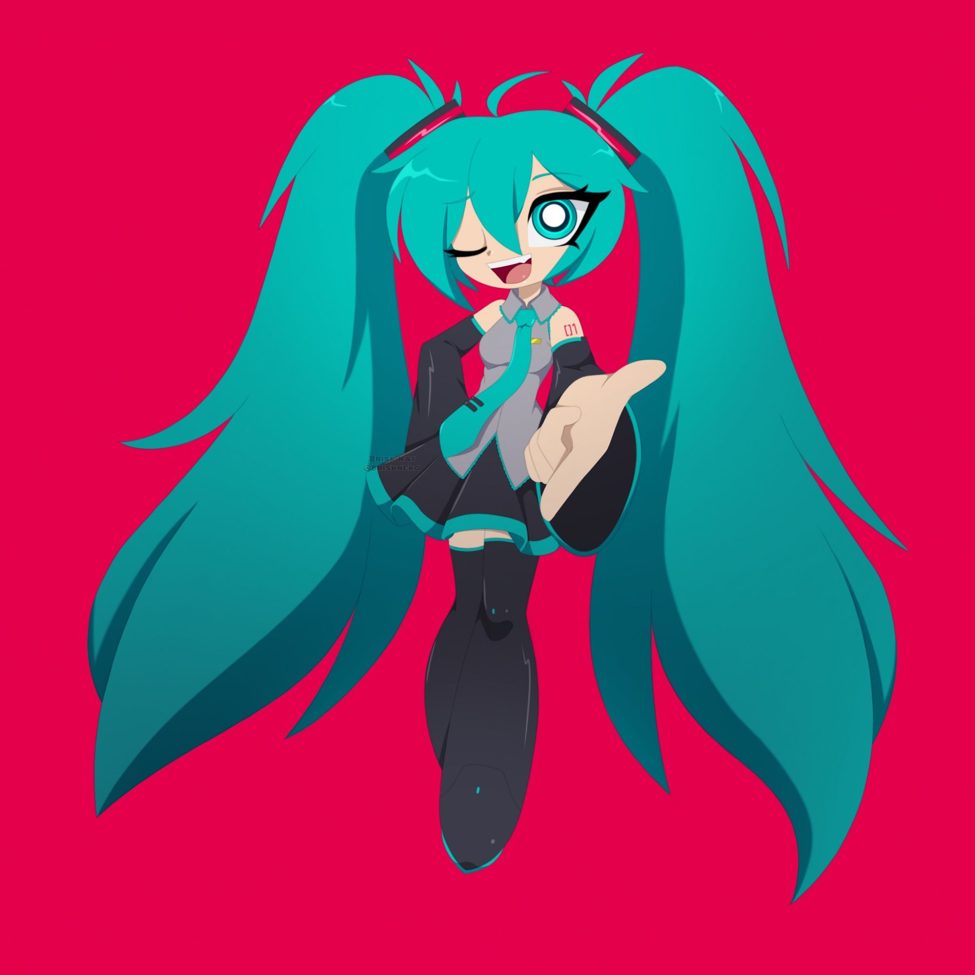 Vocaloid Hatune Miku wearing her V2 design, winking and pointing forward. This was drawn using my 2nd art style.

AS2 means Art Style 2