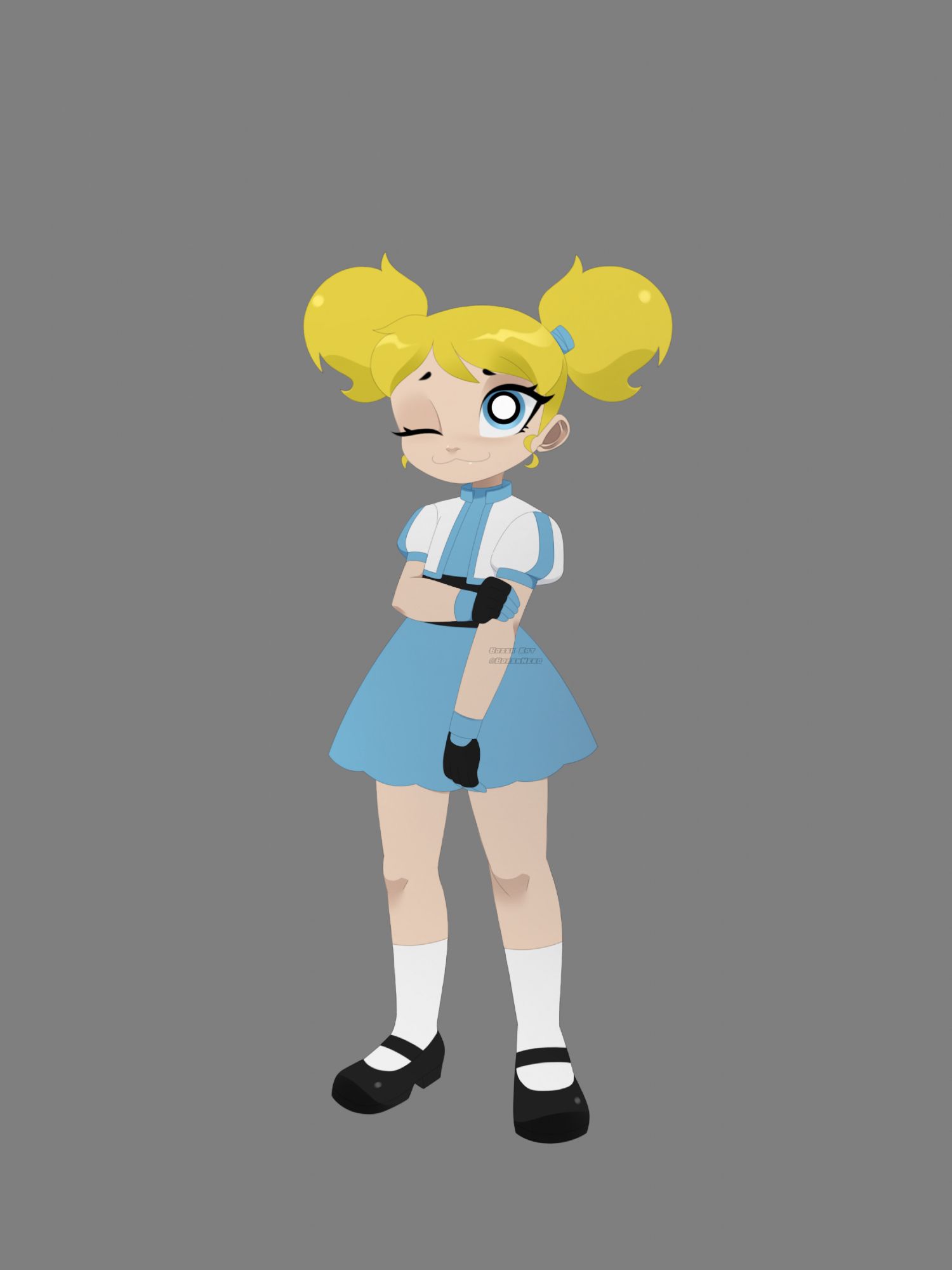 PPG Bubbles drawn in my 1st art style. A kid with blonde twin tails wearing a small short white with light blue puffed sleeved jacket on top of a light blue dress with a black band, and below the knee white socks with black Mary Jane shoes.

AS1 means Art Style 1