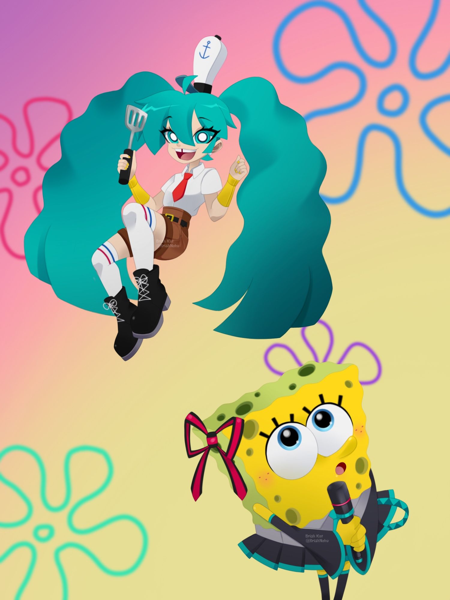 Hatsune Miku wearing SpongeBob’s outfit and jumping up in the air holding a spatula. SpongeBob SquarePants wearing Miku’s outfit and holding a microphone. This was drawn using my 1st art style.

AS1 means Art Style 1