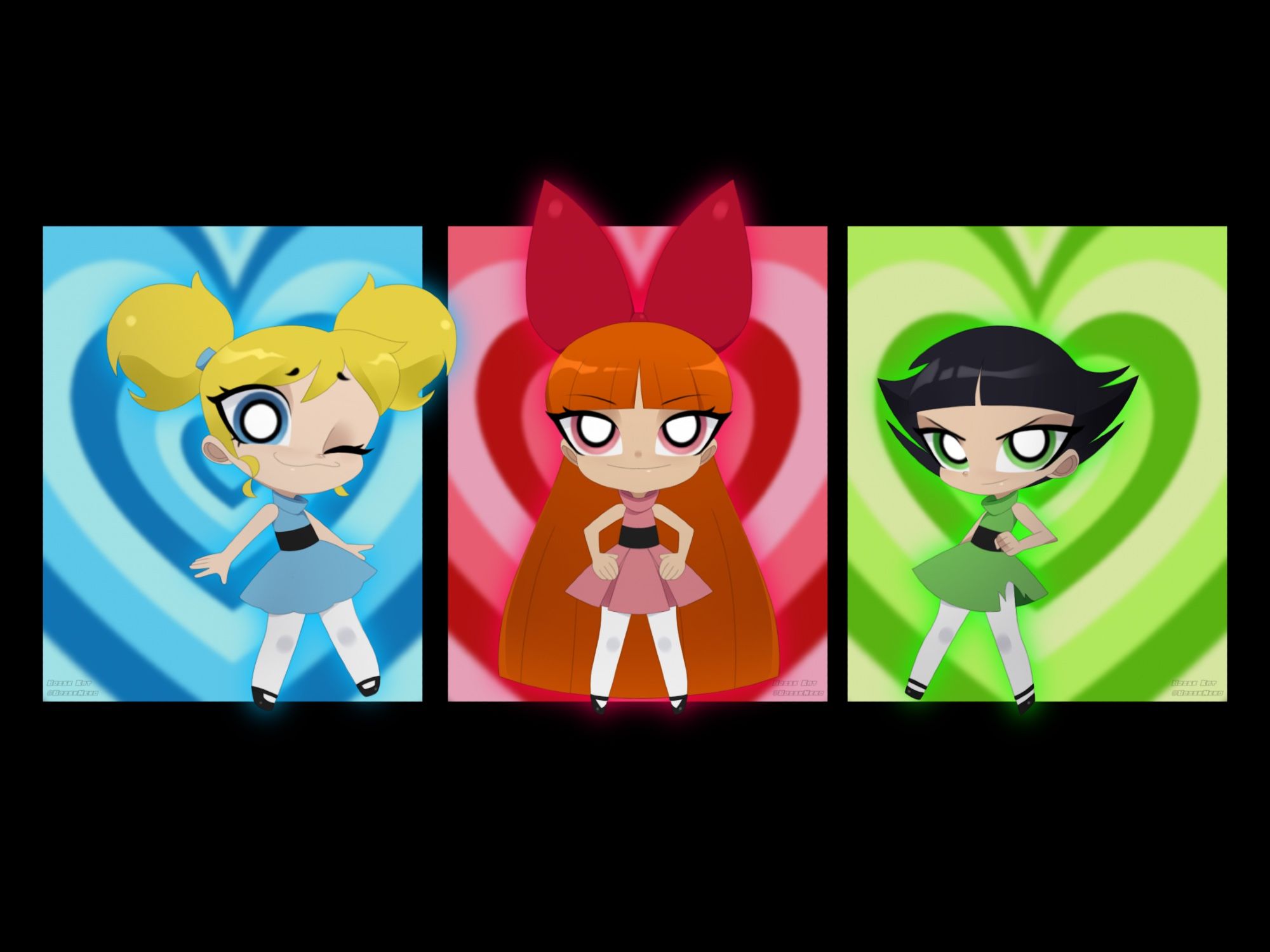 Powerpuff Girls Bubbles, Blossom, and Buttercup drawn in my chibi art style