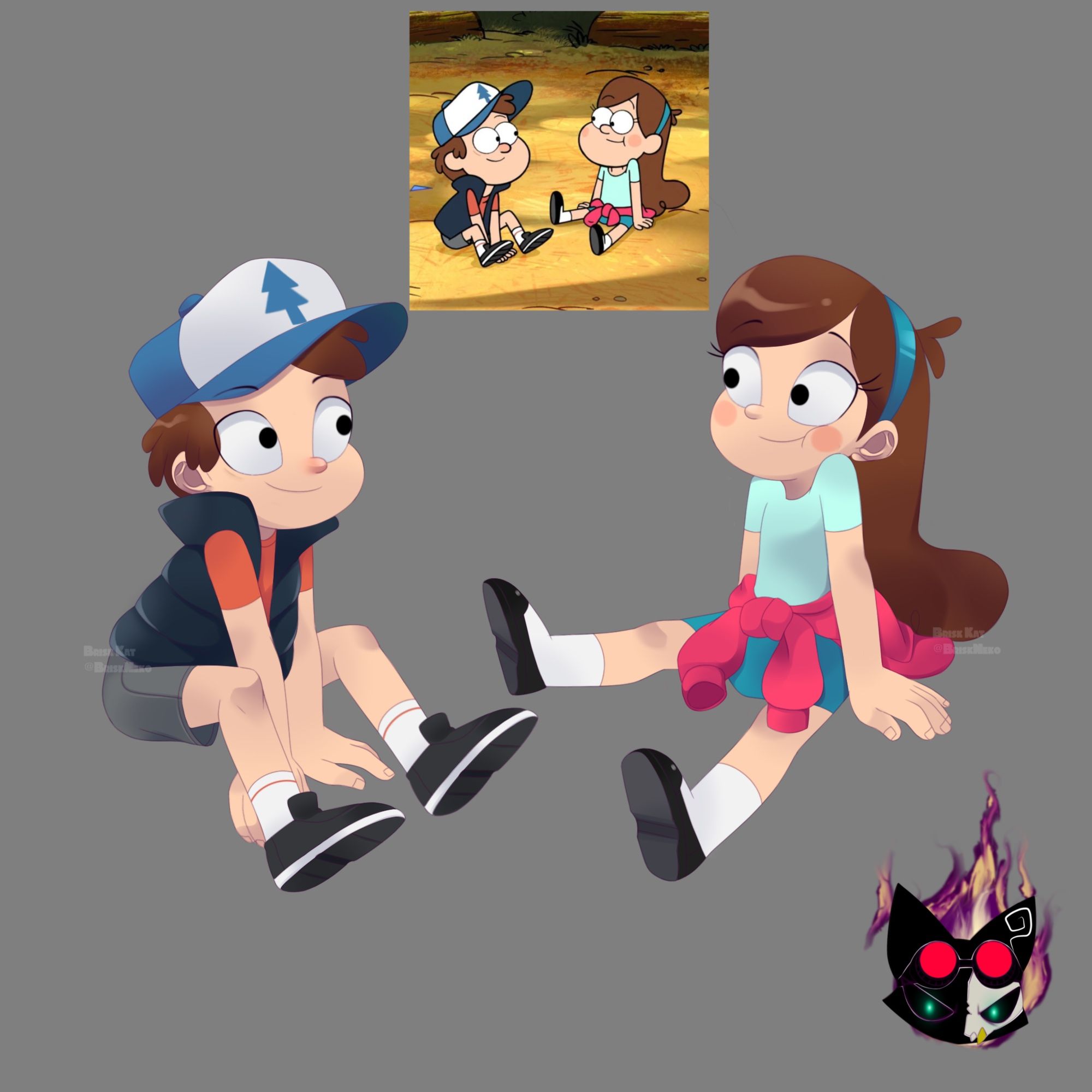 With referenced image for the redraw

Dipper and Mabel from Gravity Falls sitting

No background 

This was drawn using my 1st Art Style 
AS1 means Art Style 1