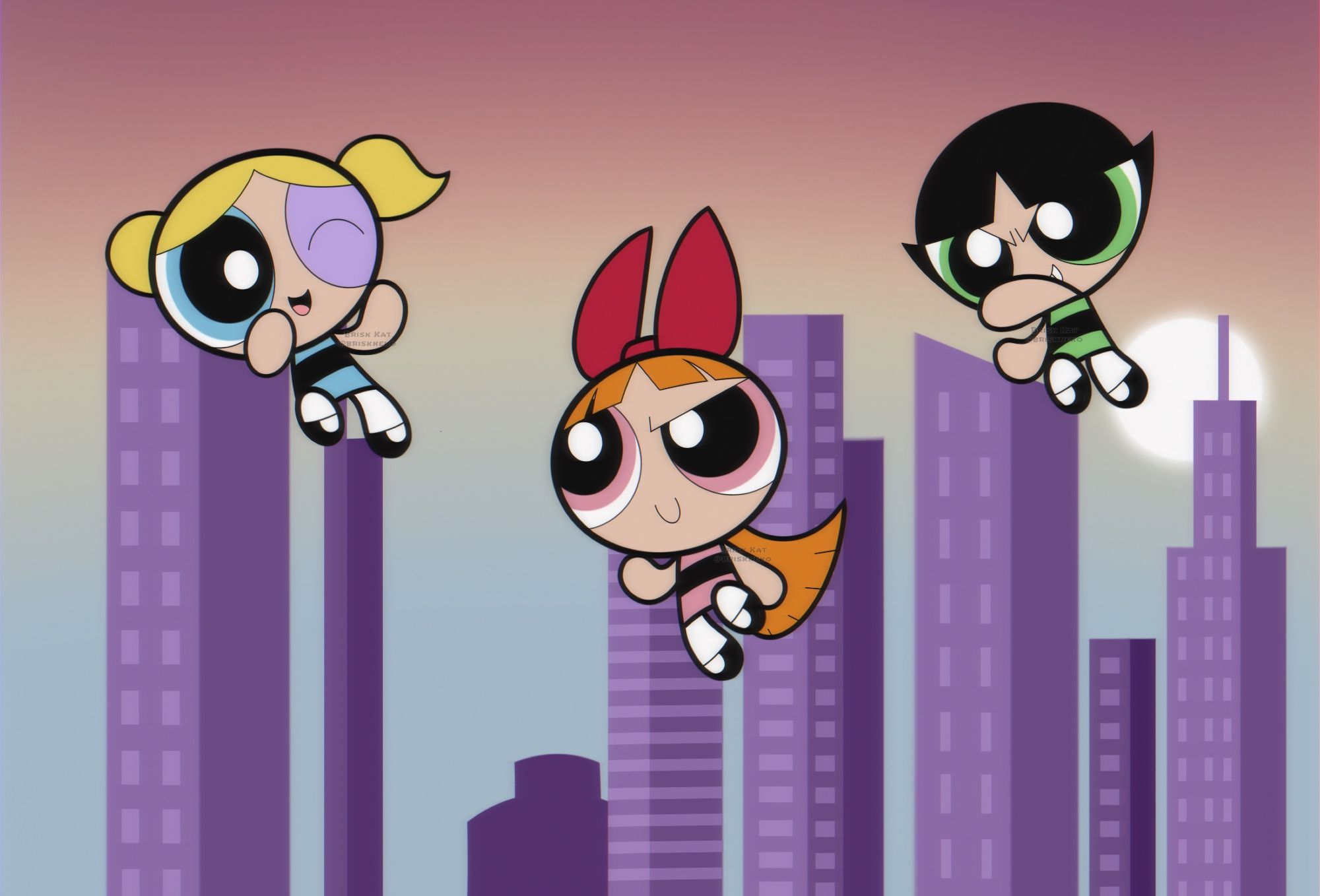 Powerpuff Girls Bubbles, Blossom, and Buttercup flying through the city of Townsville.