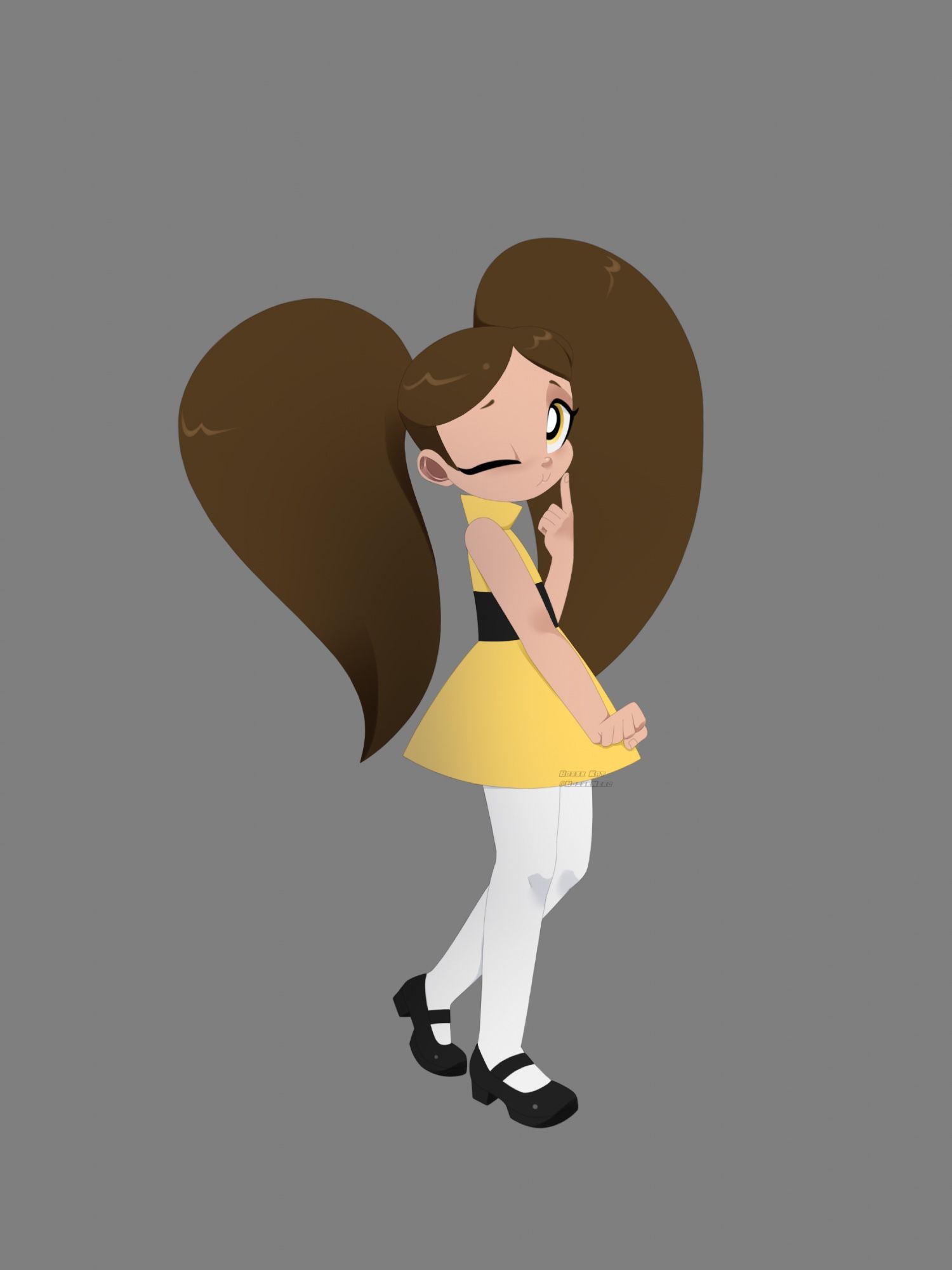 PPG OC Bonbon (SitrusNetwork) drawn in my 1st art style. A kid with long brown twin tails wearing a warm tone yellow turtleneck dress with a black band, and white leggings with black Mary Jane shoes.

character belongs to SitrusNetwork

AS1 means Art Style 1