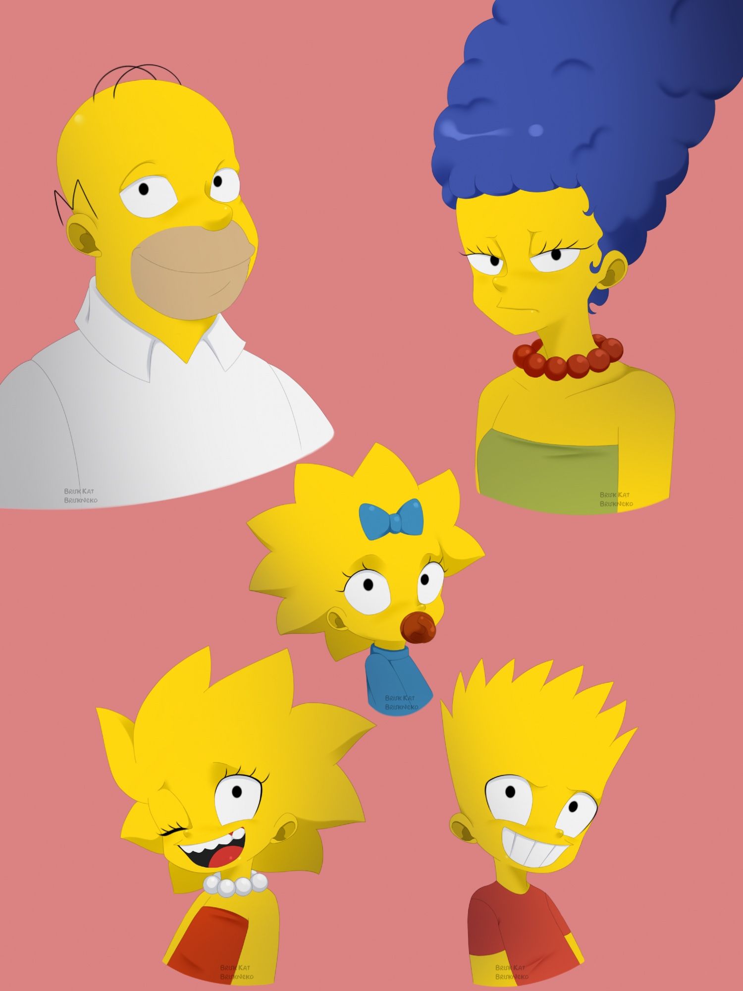 Head drawings of the Simpsons family. Left top corner Homer, right top corner Marge, left bottom corner Lisa, right bottom corner Bart, and middle Maggie.

This was drawn using my 1st art style 

AS1 means Art Style 1