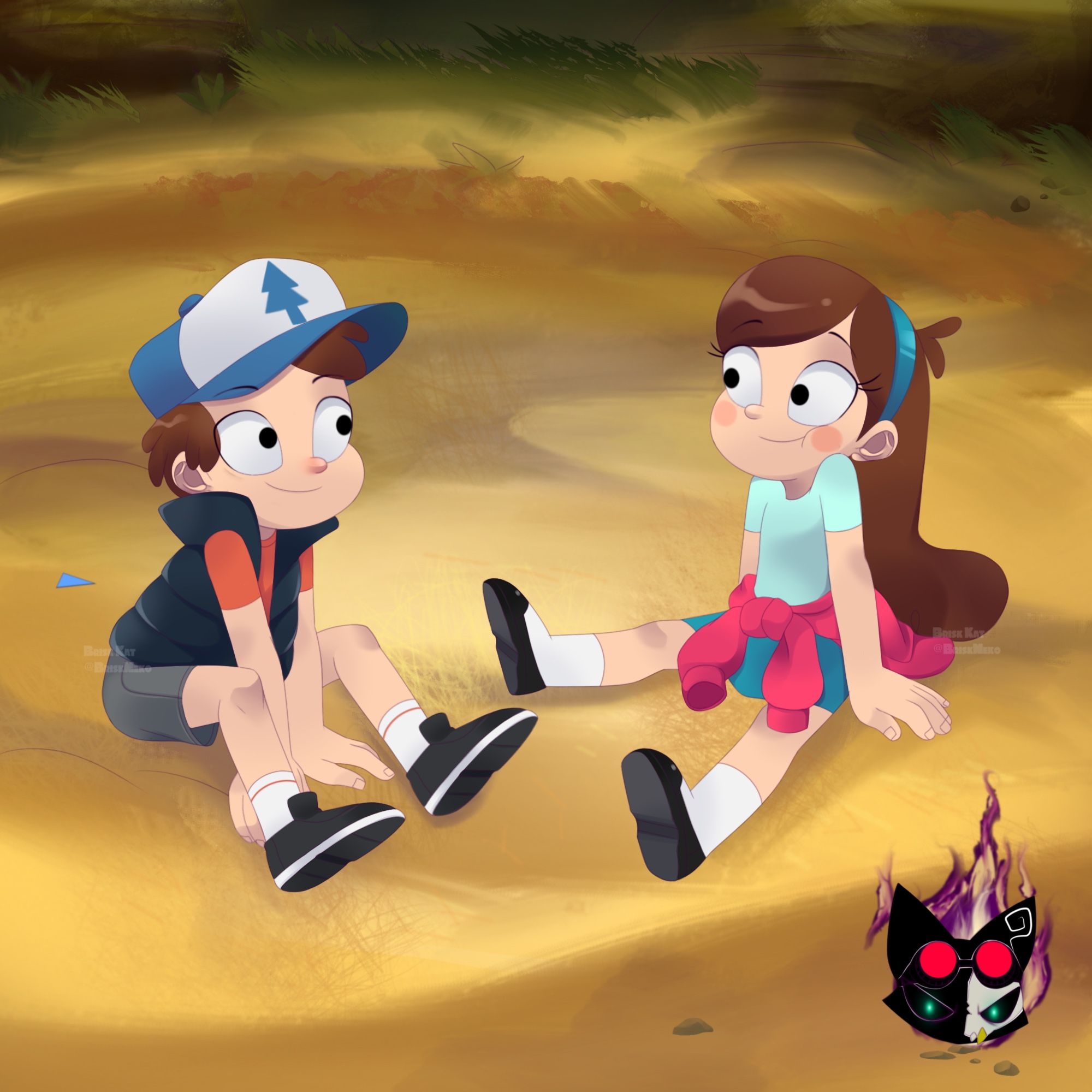 Dipper and Mabel from Gravity Falls sitting on the ground.

This was drawn using my 1st Art Style 
AS1 means Art Style 1