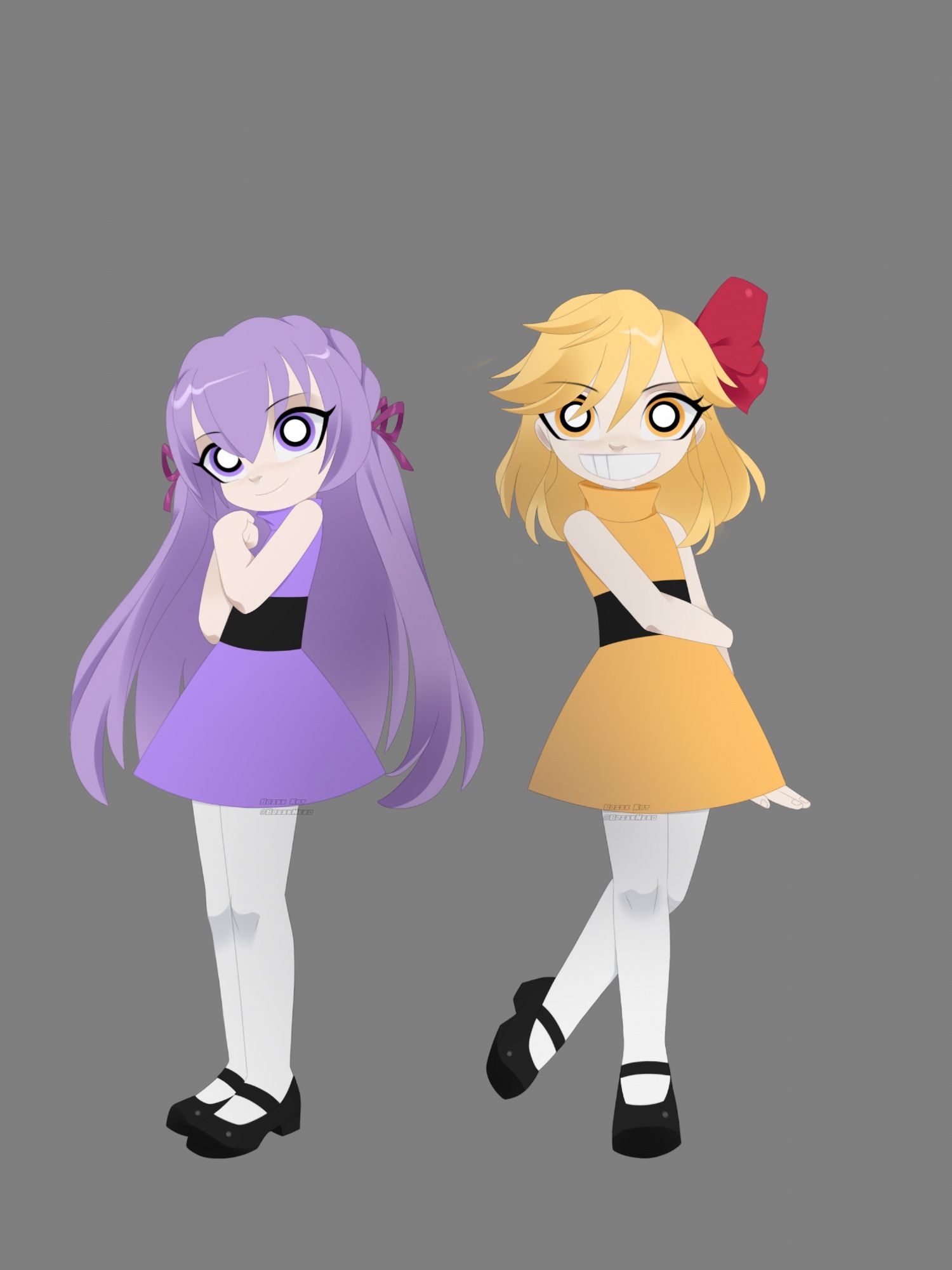 PPG OCs drawn in my 1st art style. Left kid with long lavender hair with a braid on top of head and twin tails tied with purple ribbons wearing a lavender turtleneck dress with a black band, and white leggings with black Mary Jane shoes. Right kid with short light warm tone yellow hair wearing a light yellow orange/mango color dress with a black band, wearing a red bow on the right side, and white leggings with black Mary Jane shoes.

character belongs to AiTommy on Twitter 

AS1 means Art Style 1