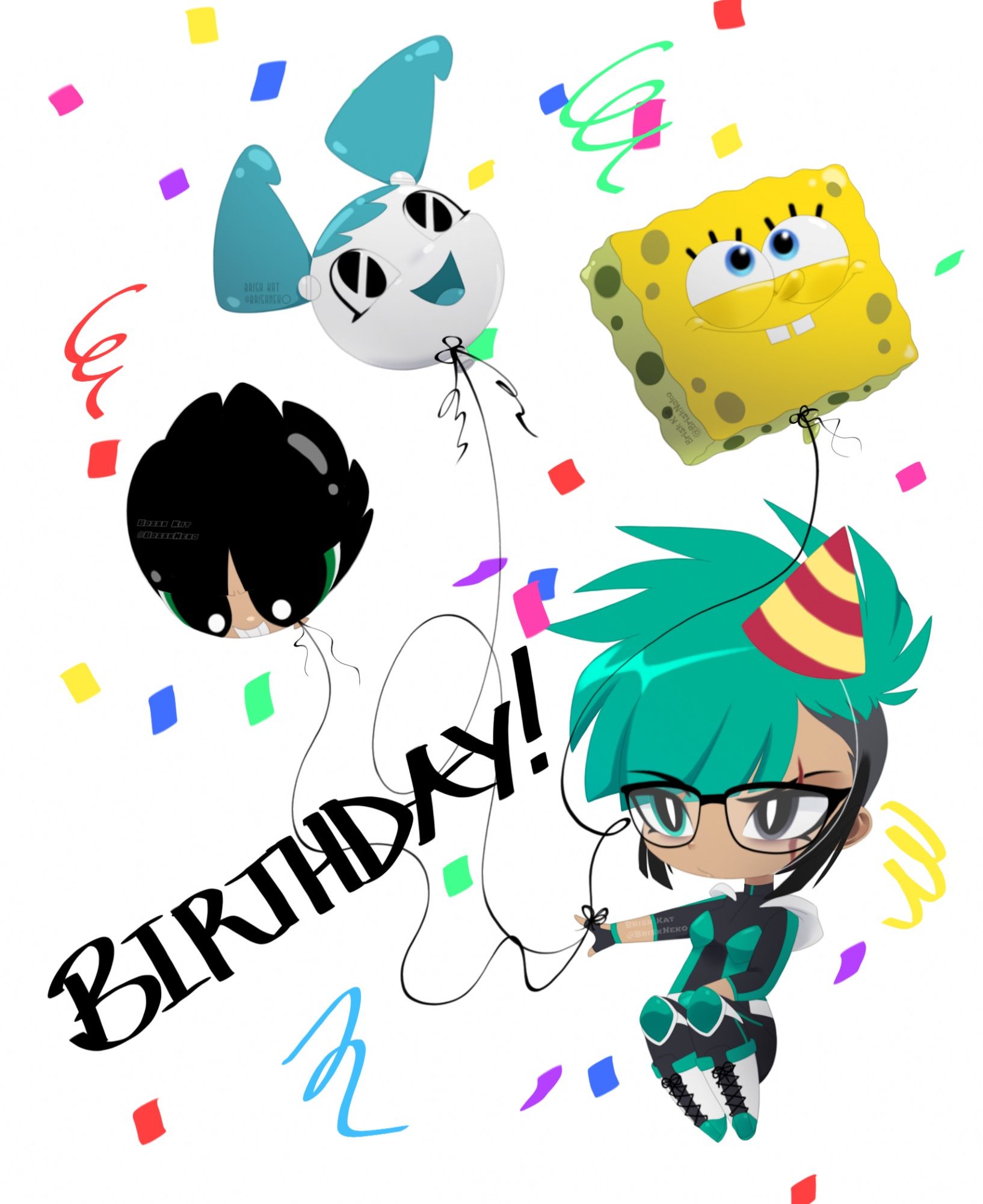 My oc sona as a chibi holding balloons shaped like Rowdyruff Boys Butch from the Powerpuff Girls, SpongeBob SquarePants from SpongeBob SquarePants, and Jenny Wakeman from My Life as a Teenage Robot.