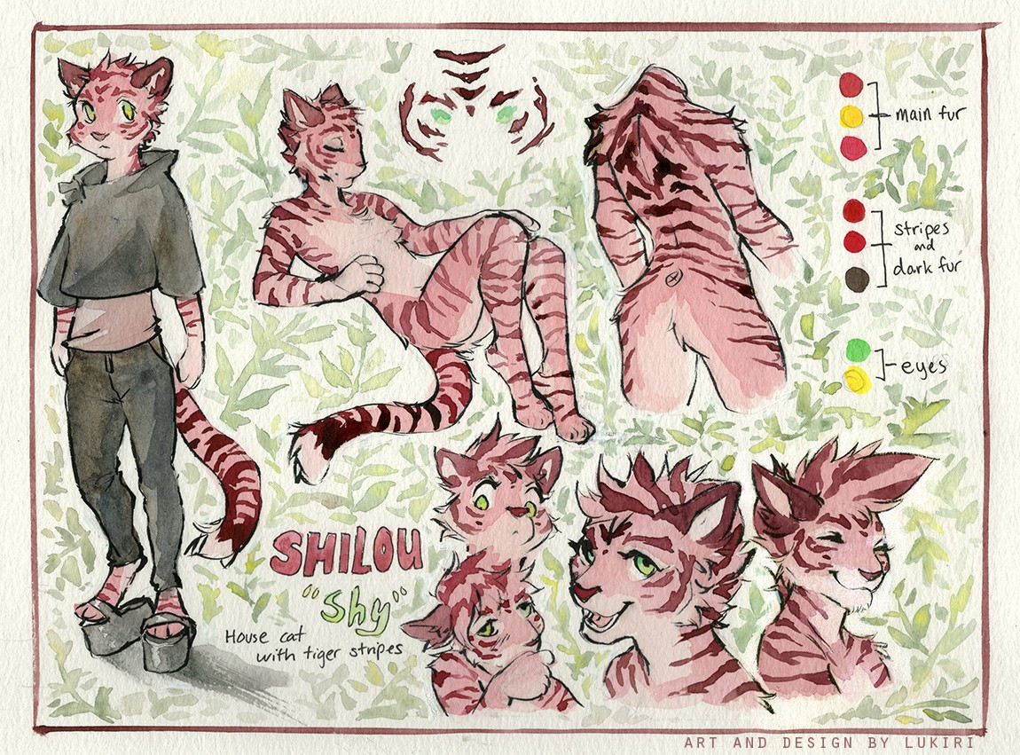 Reference sheet done in watercolors featuring a anthropomorphized pink house cat with tiger stripes. and light green leaves to fill the empty space.