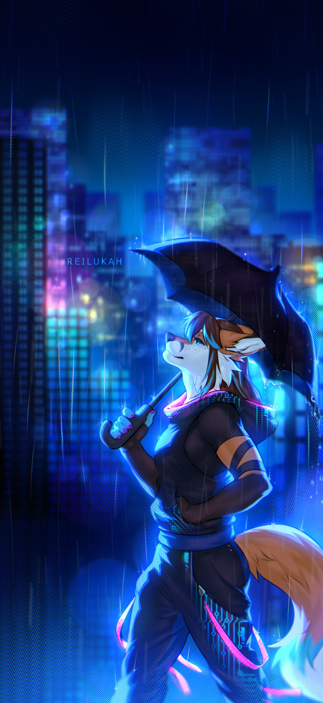 Rain themed YCH lockscreen for Melfox featuring her anthropomorphized red fox in a tech-wear themed outfit walking through the city with an umbrella. The city backdrop is blurry but brightly lit up with the various lights and windows of the city.