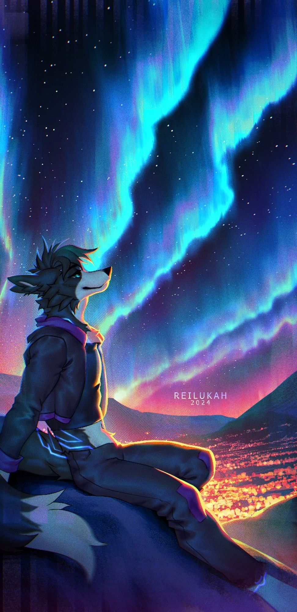 Artistic freedom scene lockscreen for ArchieAsalie featuring their OC sitting looking up at the night sky which is filled with colorful auroras and stars. Beyond is a city aglow