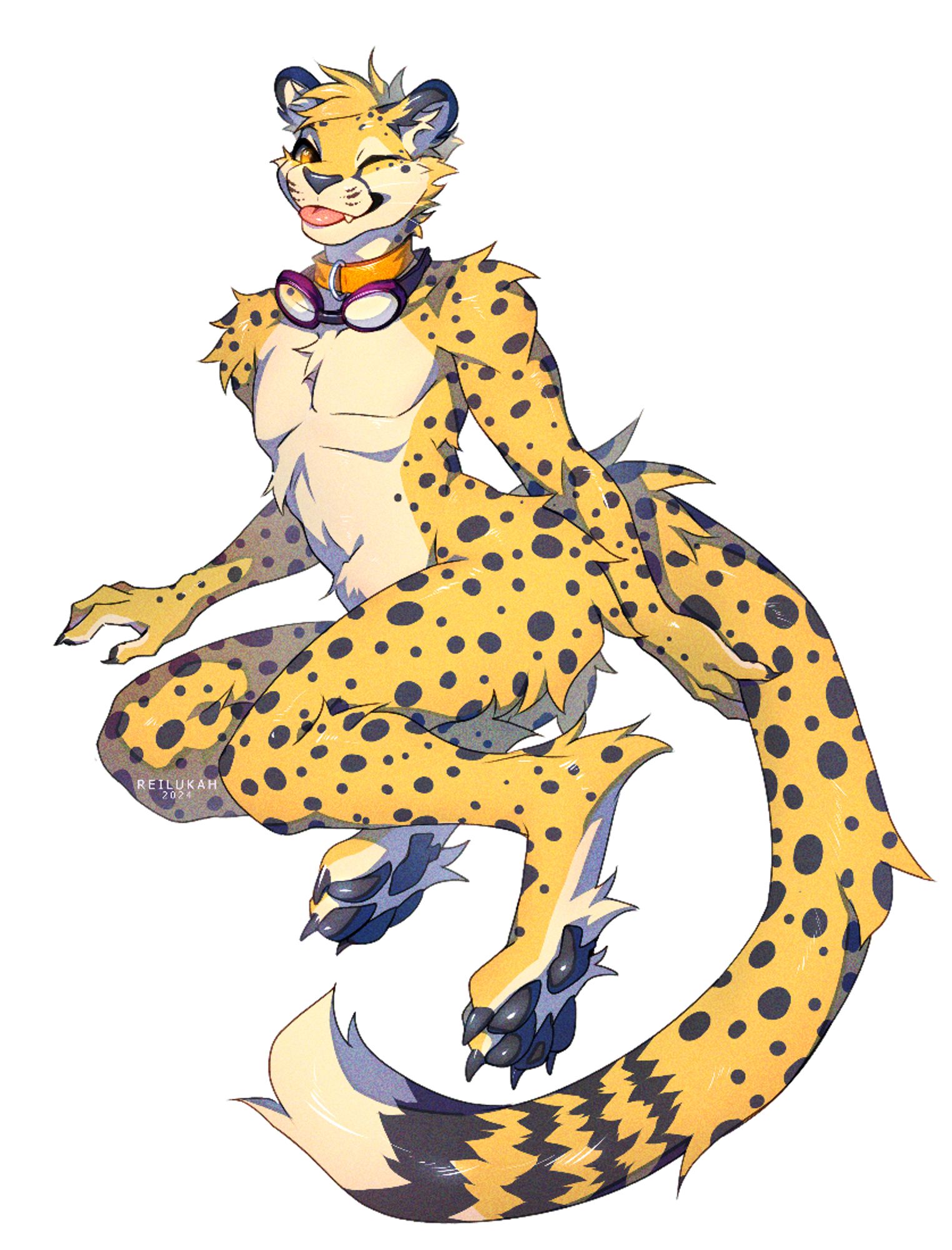 Colored sketch commission for cheetahobscura featuring their chee spma sitting somewhat sassily making a blep wink face, while holding back their tail to show off their paws.