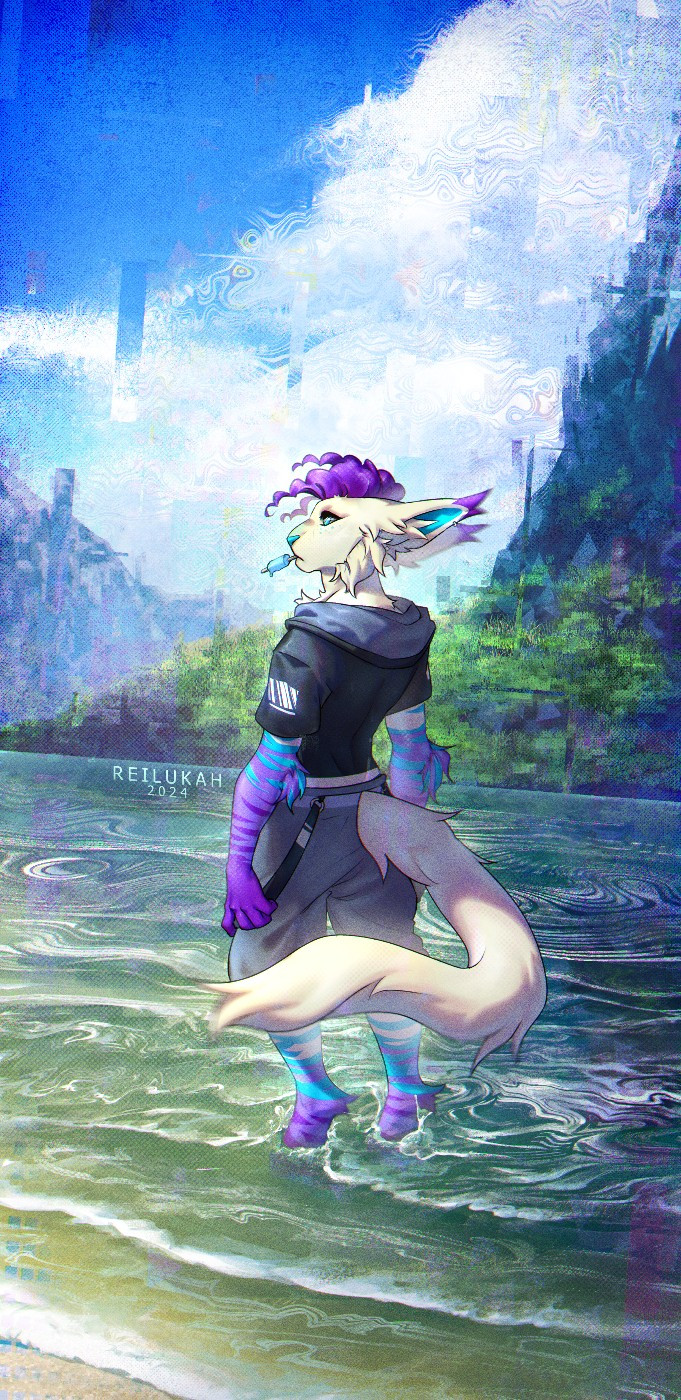 A lockscreen commission for ErenCat who specifically requested it be inspired by a drawing of Sora from Kingdom hearts standing in the sea with a popsicle in mouth. The character is depicted standing sea water, the background vast and colorful yet glitching/abstractified. The general vibe is that this world may be a dream, a memory or maybe just a simulation.