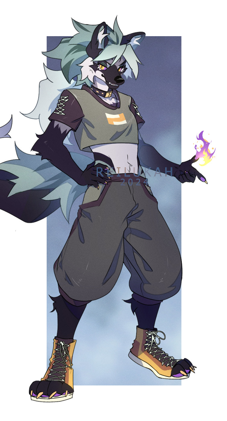 A black fox/street-wear inspired design. Character is standing summoning a purple and yellow fire. They're general color scheme is a mistly blue green/ dark purples and minimal yellow highlights and shoes. Was staring at the color wheel forever working on this one.