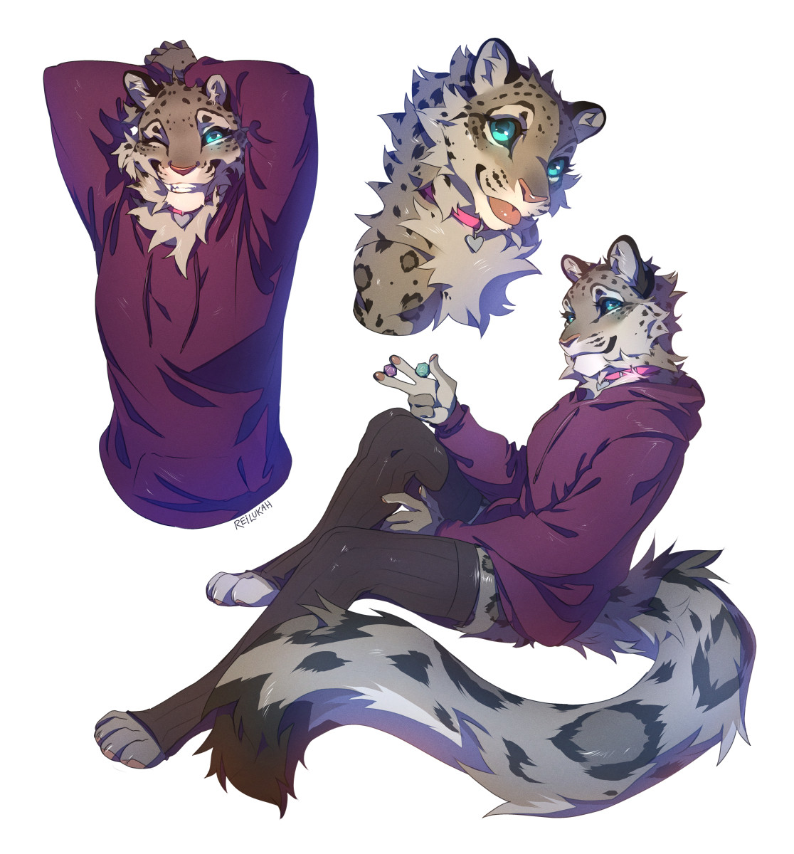 colored sketchpage for nymerasnowcat again! First featuring their snep in a purple sweater, arms behind head and winking towards viewer. 2nd on the top right features cute blep snep looking upwards to viewer. Final fullbody sketch features snep in purple sweater and open toe socks holding a pair of d-20 smirking at viewer.