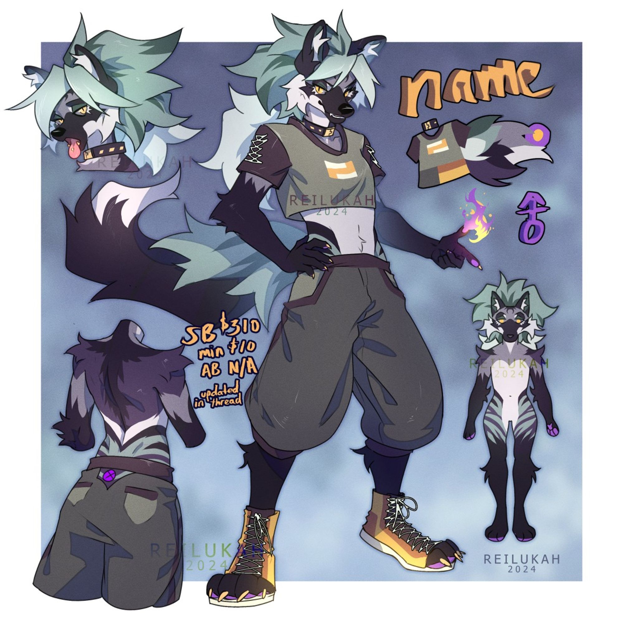 A character design inspired by street fashion and black foxes. The color scheme is a ghostly blue/green, dark purples and yellow hightlights. The character is also displayed with a purple/yellow fire power.