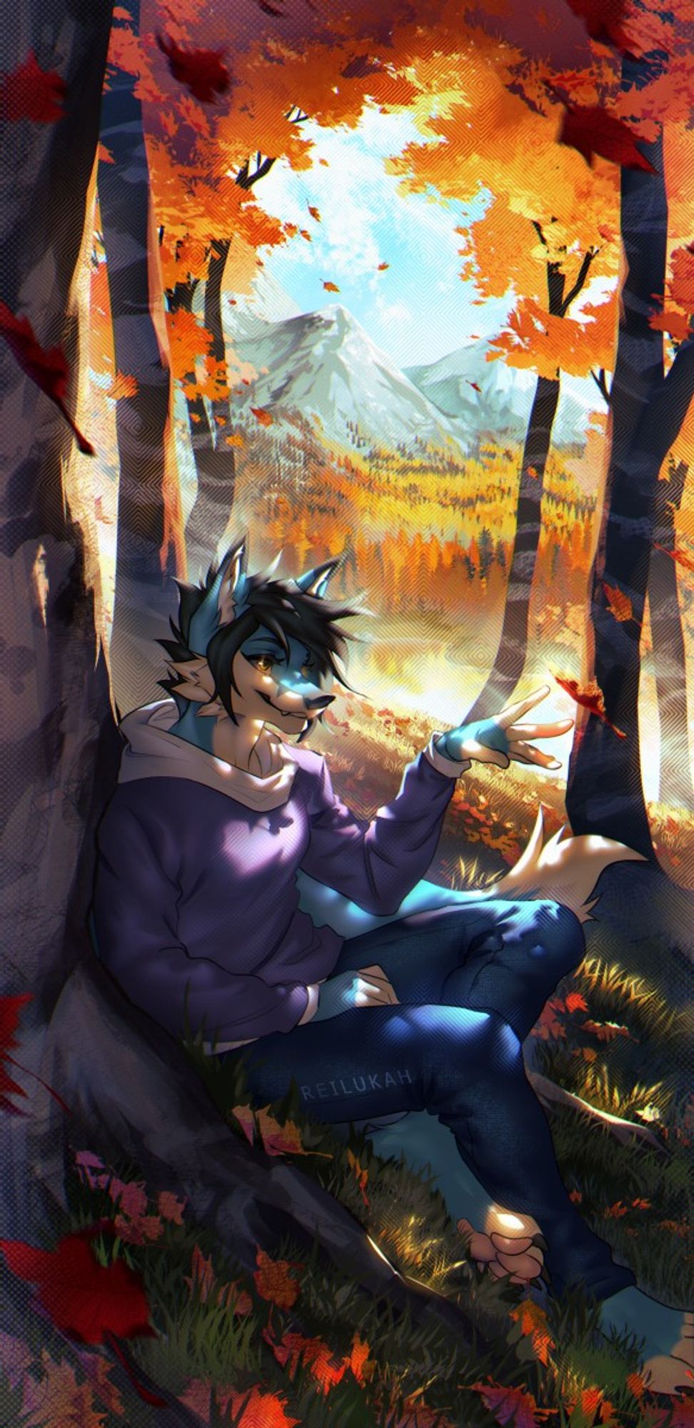 Autumn themed YCH, lockscreen commission for Ableton featuring their anthropomorphized blue canine in a purple sweater & jeans. They're sitting in a birch forest in autumn, leaning against a tree and enjoying the red/orange leaves falling to the ground. Beyond the forest there's more landscape of orange trees and mountains, adding a further sense of depth. From the 2021 Autumn YCH set!