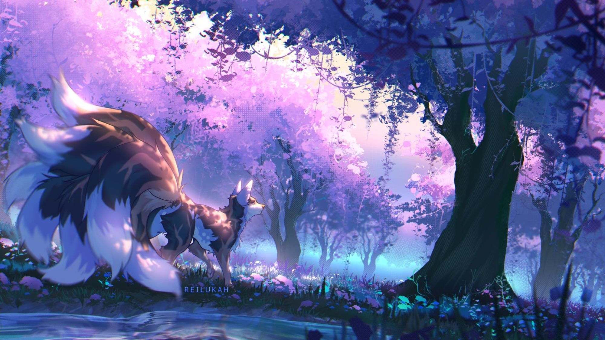 A wallpaper commission for Mercuryfox. It depicts a 7-tailed fox soaking in bits of bright light through the trees in a vibrant, magical, purple-blue forest. 