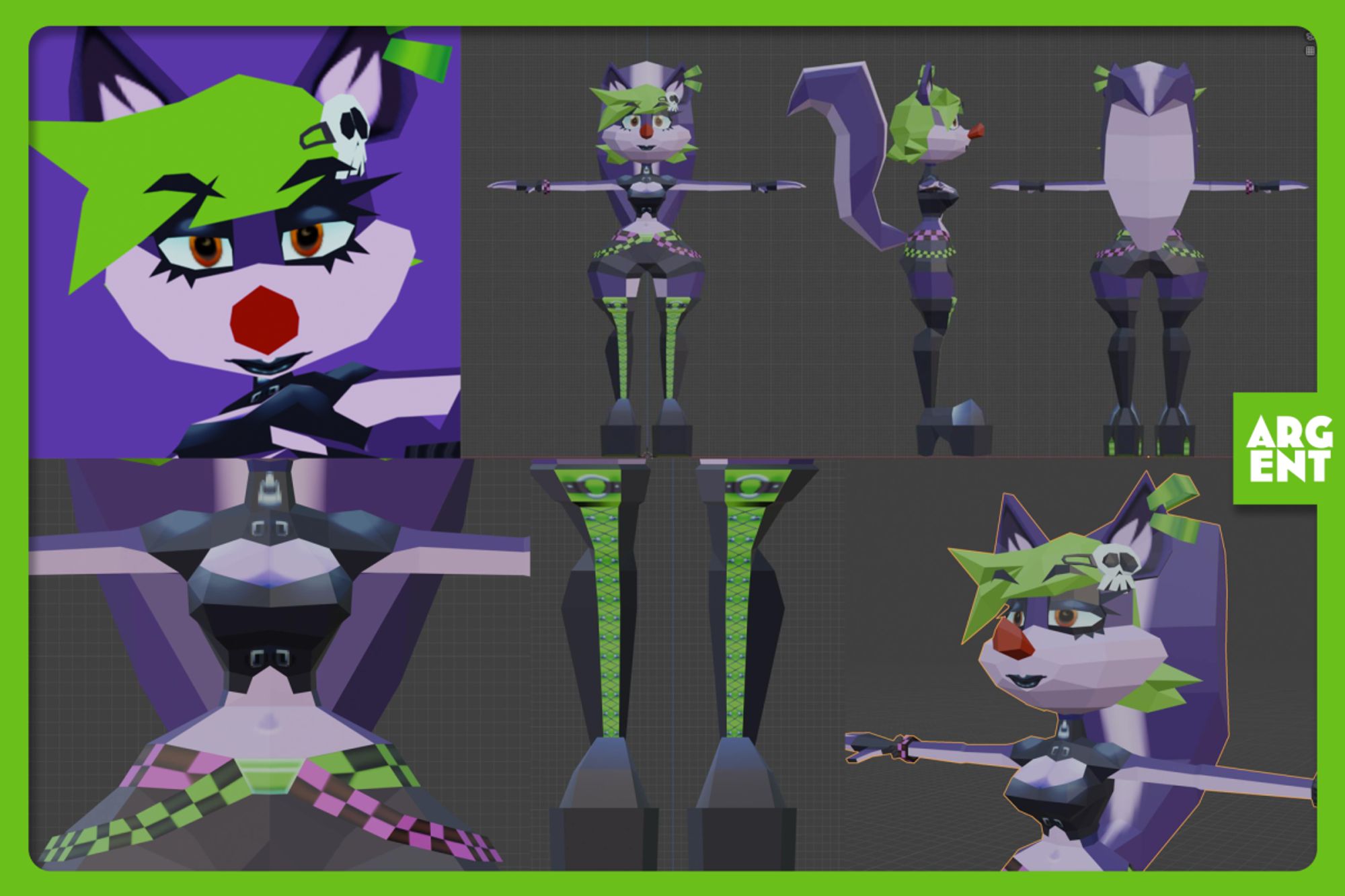 A low poly 3D model of a cartoon goth skunk in big boots with green hair and purple fur.