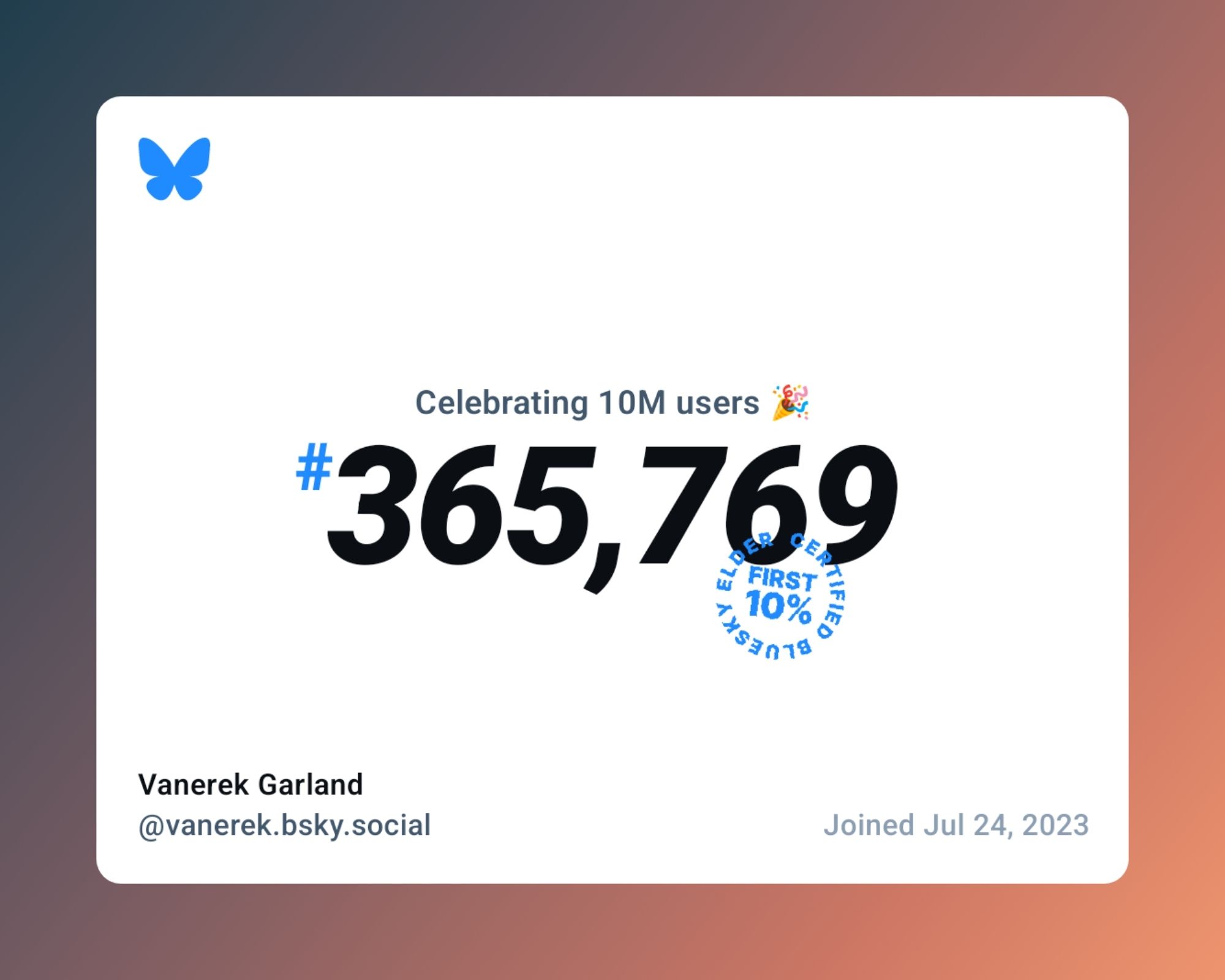 I was #365,769 of 10m users.
I'm on the first 10% users!