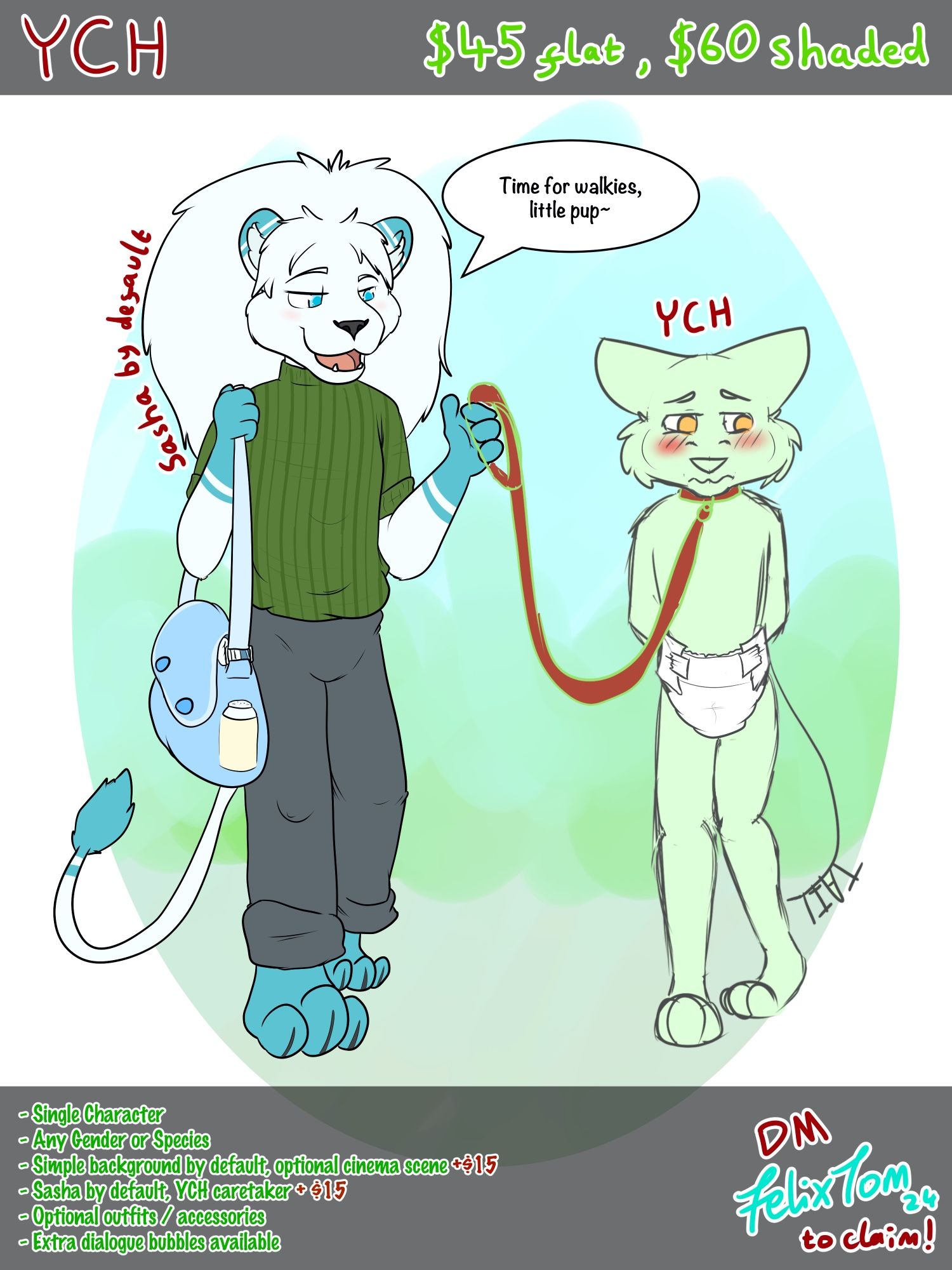 A simpler scene, implying the two characters are outdoors. YCH is now clad in only a diaper and a collar, attached to a leash in Sasha's hand. He now says "Time for walkies, little pup."