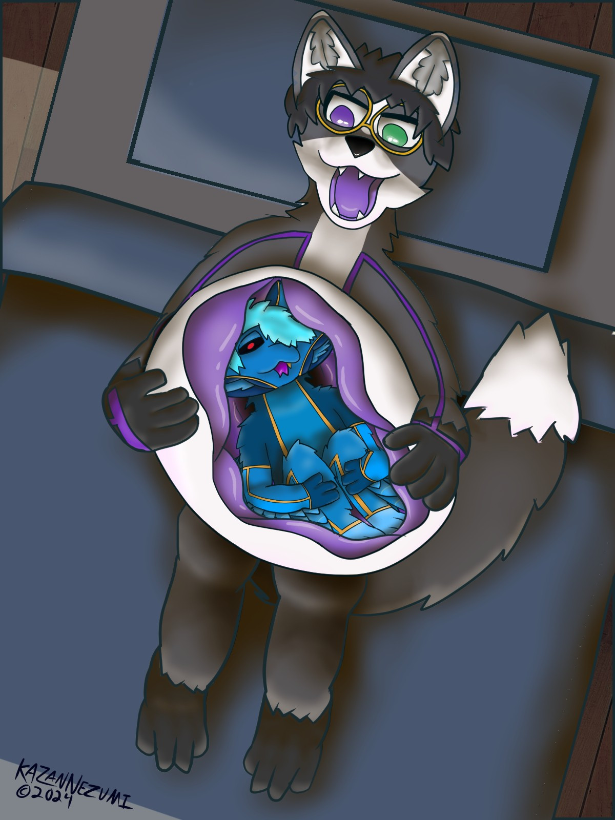 A grey fox with golden glasses and purple markings laying down on a bed in a semidark room near an implied window. Inside of her purple stomach is a blue avali with yellow markings!