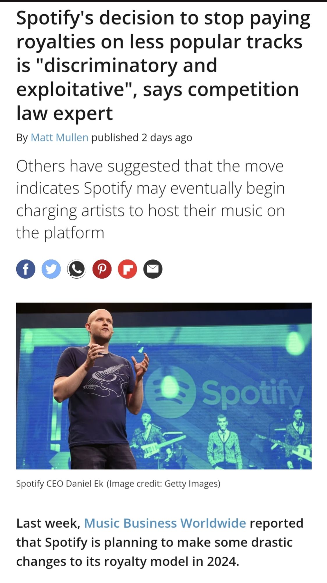 Spotify's decision to stop paying royalties on less popular tracks is "discriminatory and exploitative", says competition law expert

By Matt Mullen

Others have suggested that the move indicates Spotify may eventually begin charging artists to host their music on the platform


Last week, Music Business Worldwide reported that Spotify is planning to make some drastic changes to its royalty model in 2024.