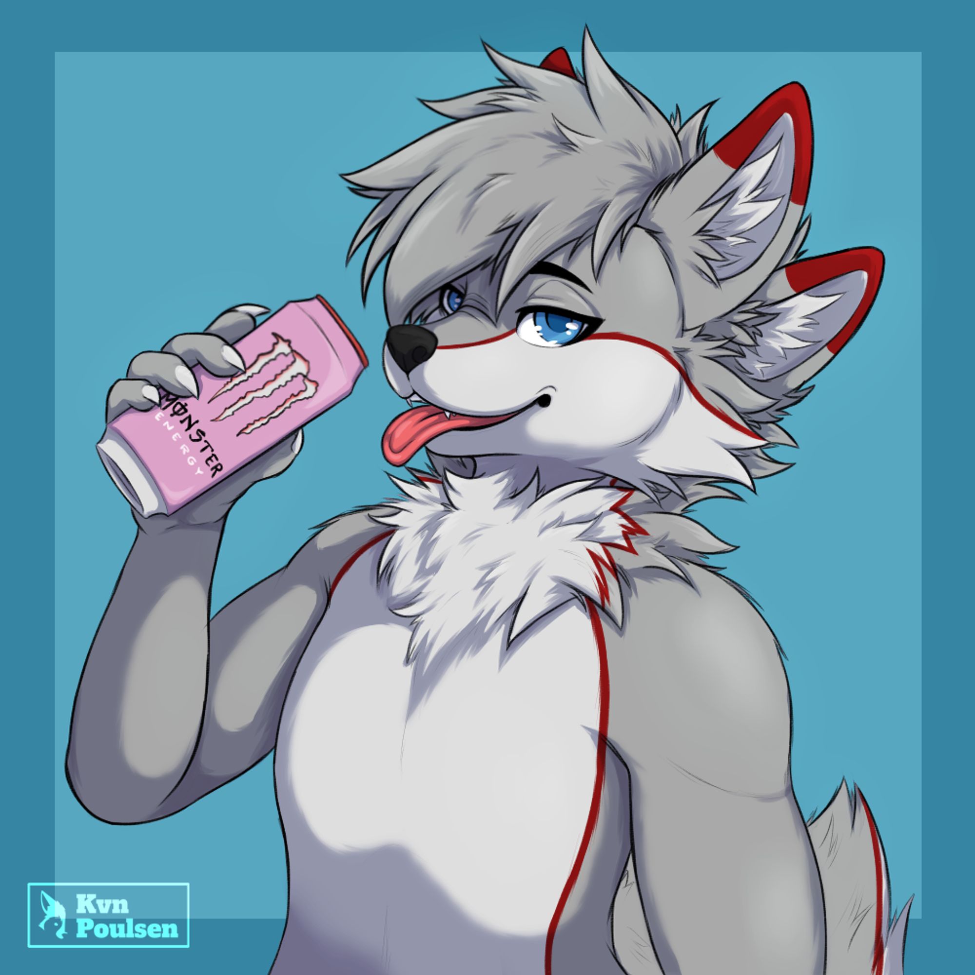 Grey furry wolf drinking monster