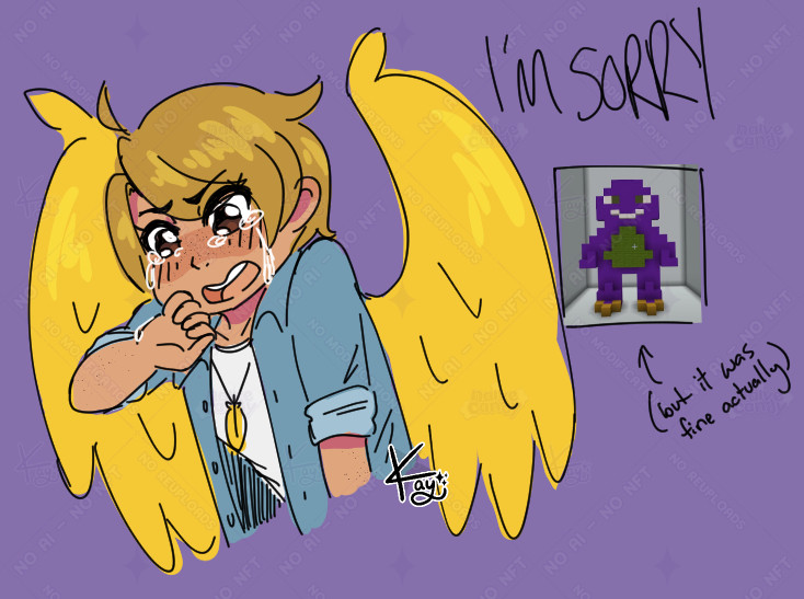 Doodle fanart of YouTuber Solidarity (Jimmy) depicted with canary wings, crying and exclaiming he's sorry for creating a bad looking build in the Guess The Build series (but the build, a Barney the Dinosaur recreation, is honestly fine).