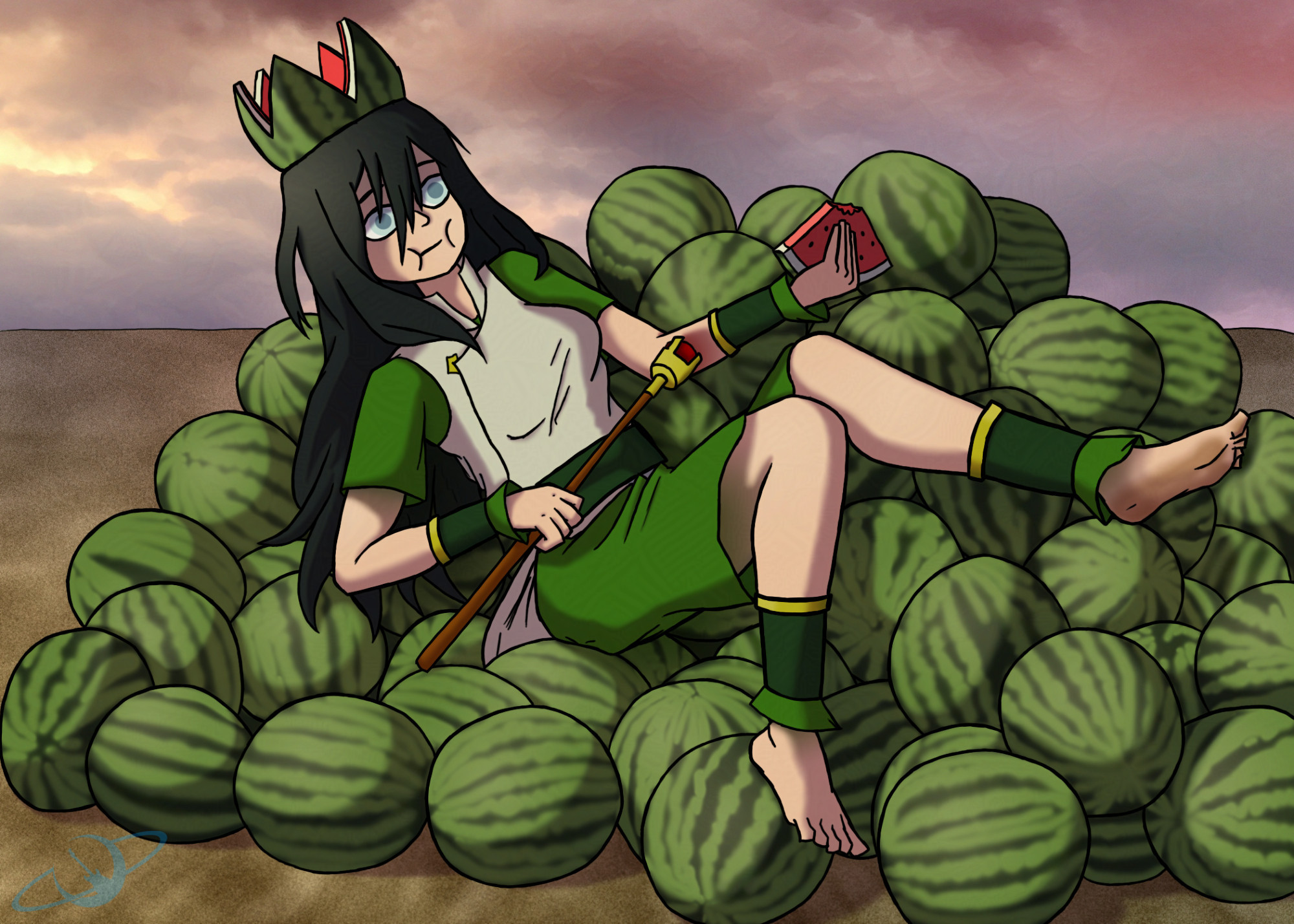 A grown Toph Beifong from Avatar: The Last Airbender sitting on a large pile of watermelons like a throne. She is carrying a scepter in her right hand and wearing a cut watermelon on her head as a crown while eating a slice of watermelon and holding it in her left hand. The sky is cloudy and overcast behind her.