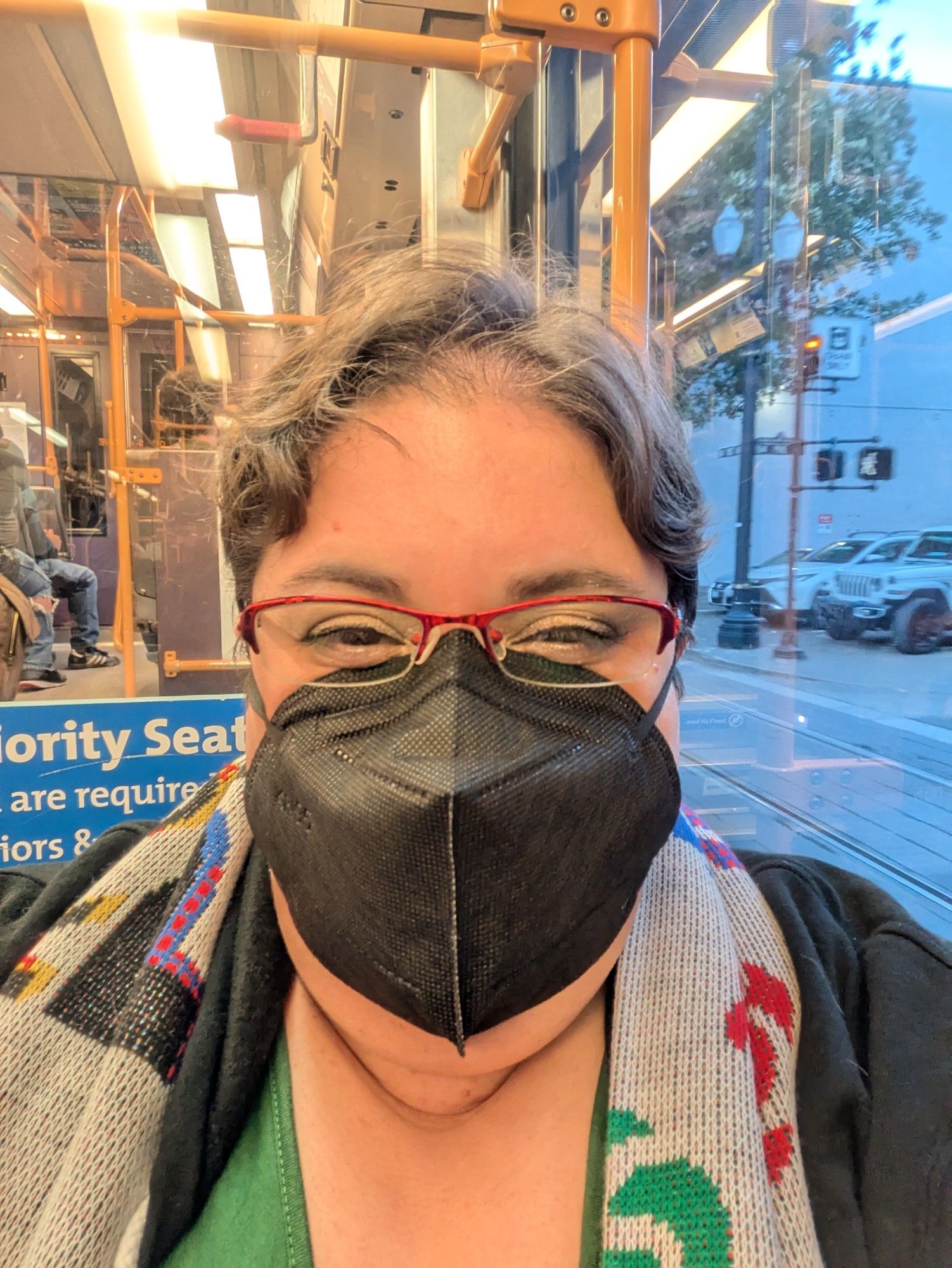 Me last Saturday on the MAX train wearing a black KN95 and my Thorns pride scarf. 