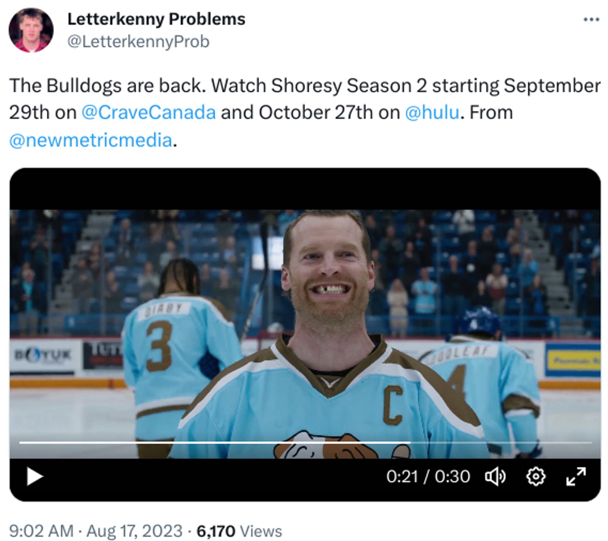 @LetterkennyProb
The Bulldogs are back. Watch Shoresy Season 2 starting September 29th on 
@CraveCanada
 and October 27th on 
@hulu
. From 
@newmetricmedia
.