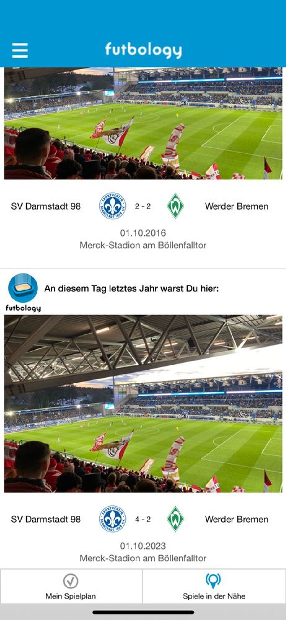 Screenshot: Futbology
1.10.2016 Darmstadt gegen Bremen 2:2
1.10.2023 Darmstadt gegen Bremen 4:2