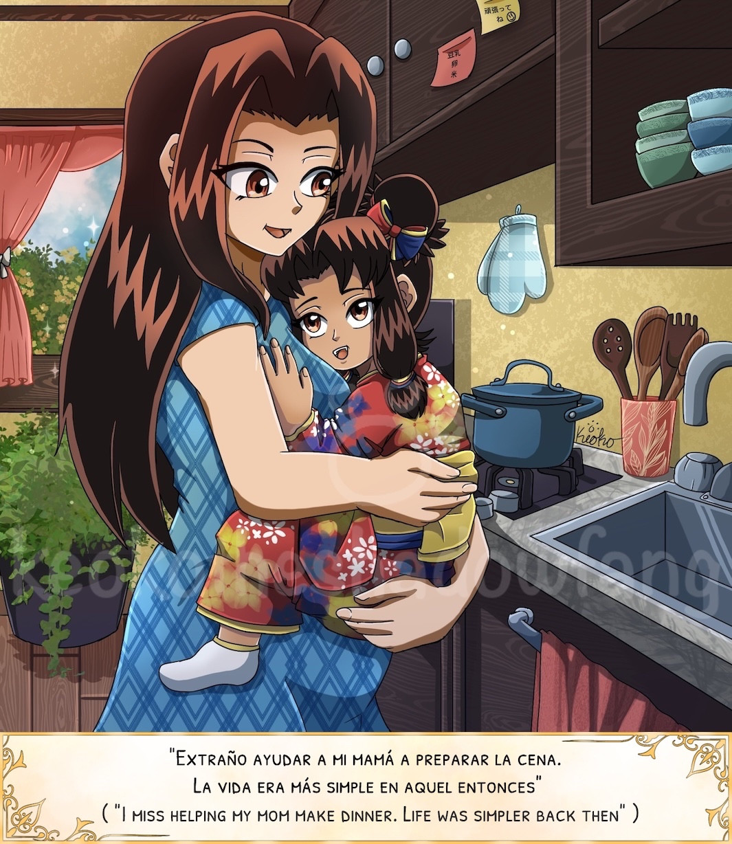 A pregnant Keiko holds young Kikyo as they walk towards the kitchen to make dinner.