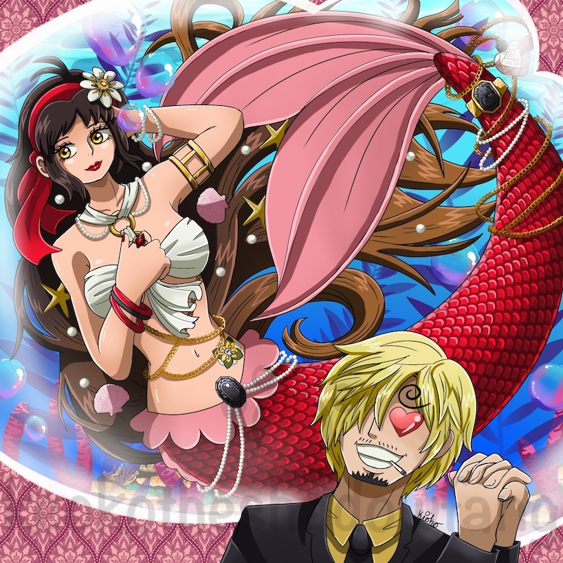 A love struck Sanji thinking of Loreley as a red mermaid swimming in the ocean with shells and pearls flowing through her hair.