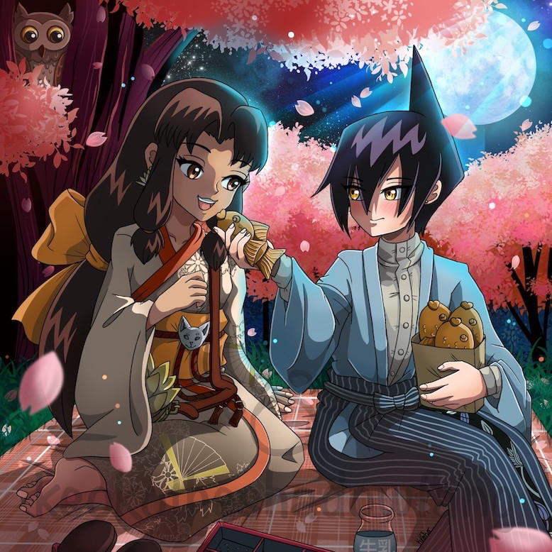 Ren and Kikyo sit on a peach colored blanket to watch the cherry blossoms at night. Ren offers her a Teiyaki, a fish shaped pastry.