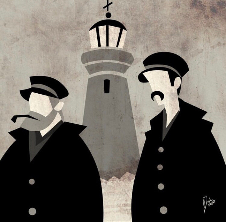 Ilustração em arteminimalist em tom sépia de dois faroleiros do filme “O Farol”, protagonizados por Willem Dafoe e Robert Pattinson observando o horizonte. Ao fundo, um velho farol.