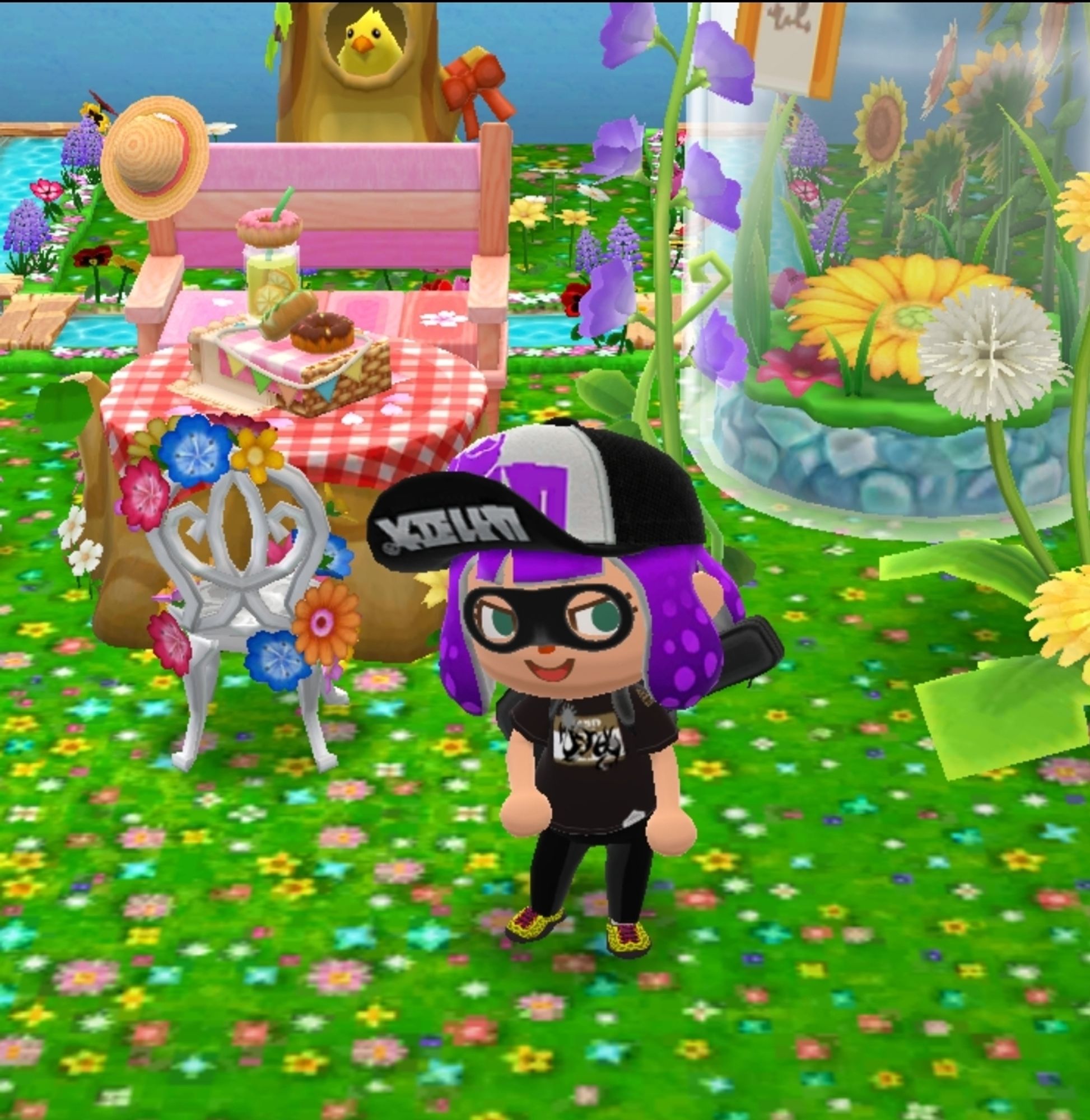 A screenshot from Animal Crossing: Pocket Camp. A human character wearing a Team Chaos shirt from the Splatoon 2 Splatfest collab done in July 2019.