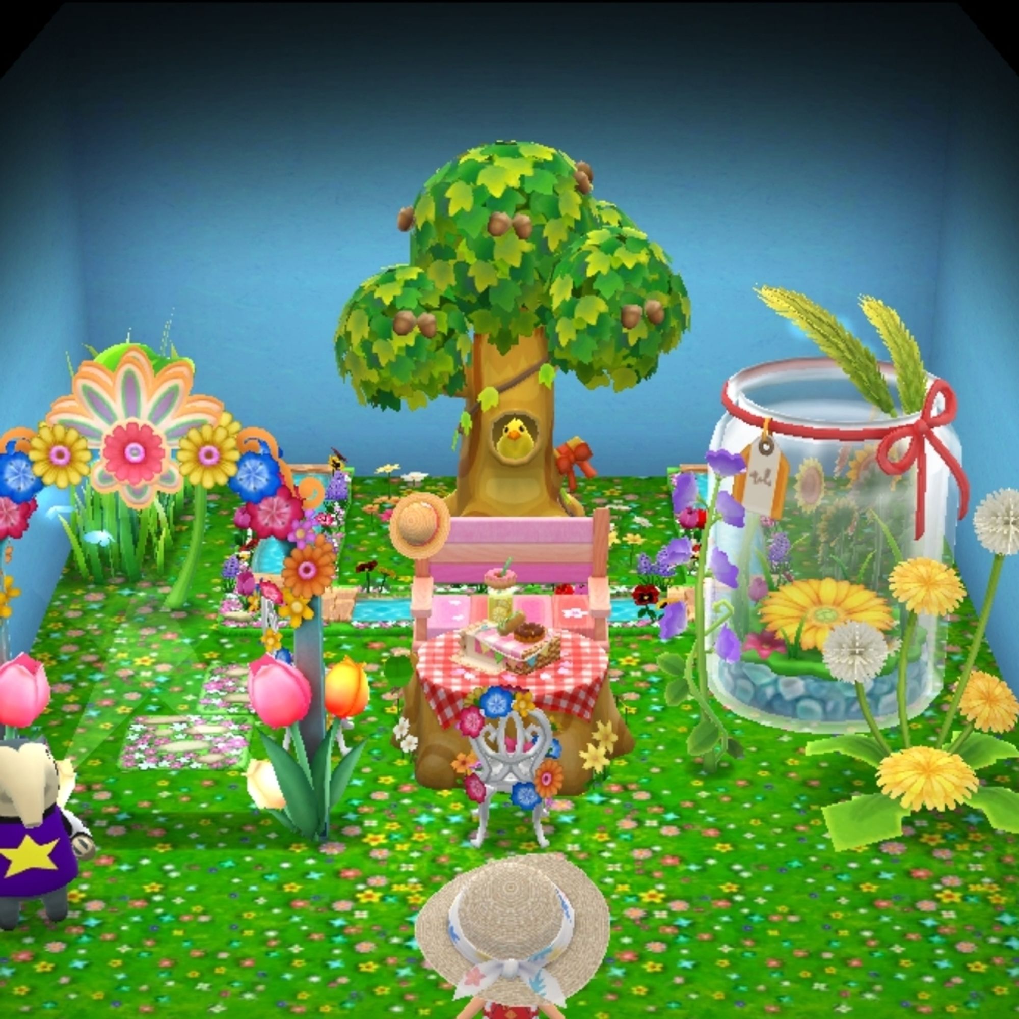 A screenshot from Animal Crossing: Pocket Camp. The interior of my cabin with lots of flowers and nature.