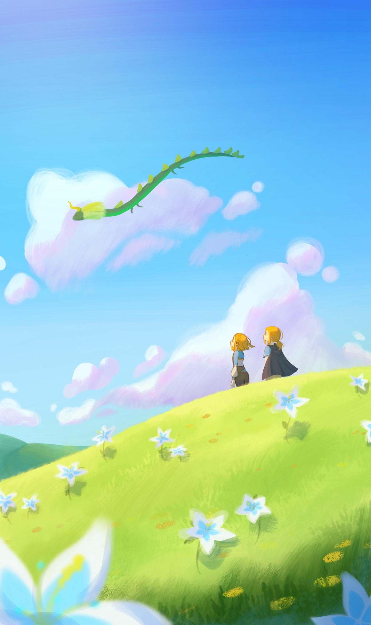 A calm painting of Link and Zelda on a grassy hill staring at the green dragon Farosh in the sky.