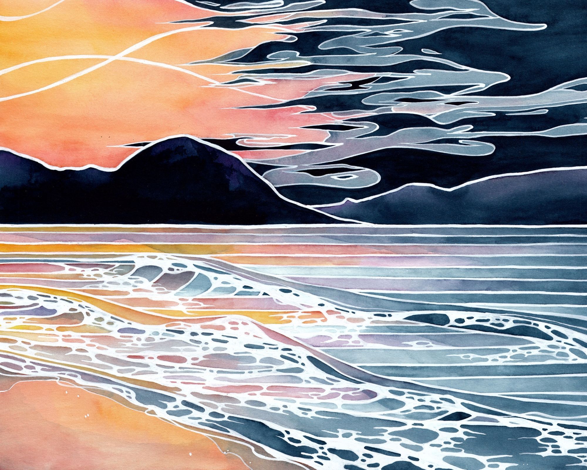 Stylized watercolor painting of waves rolling onto a lake shore under an orange sunset. Rain clouds gather in the upper right hand corner.