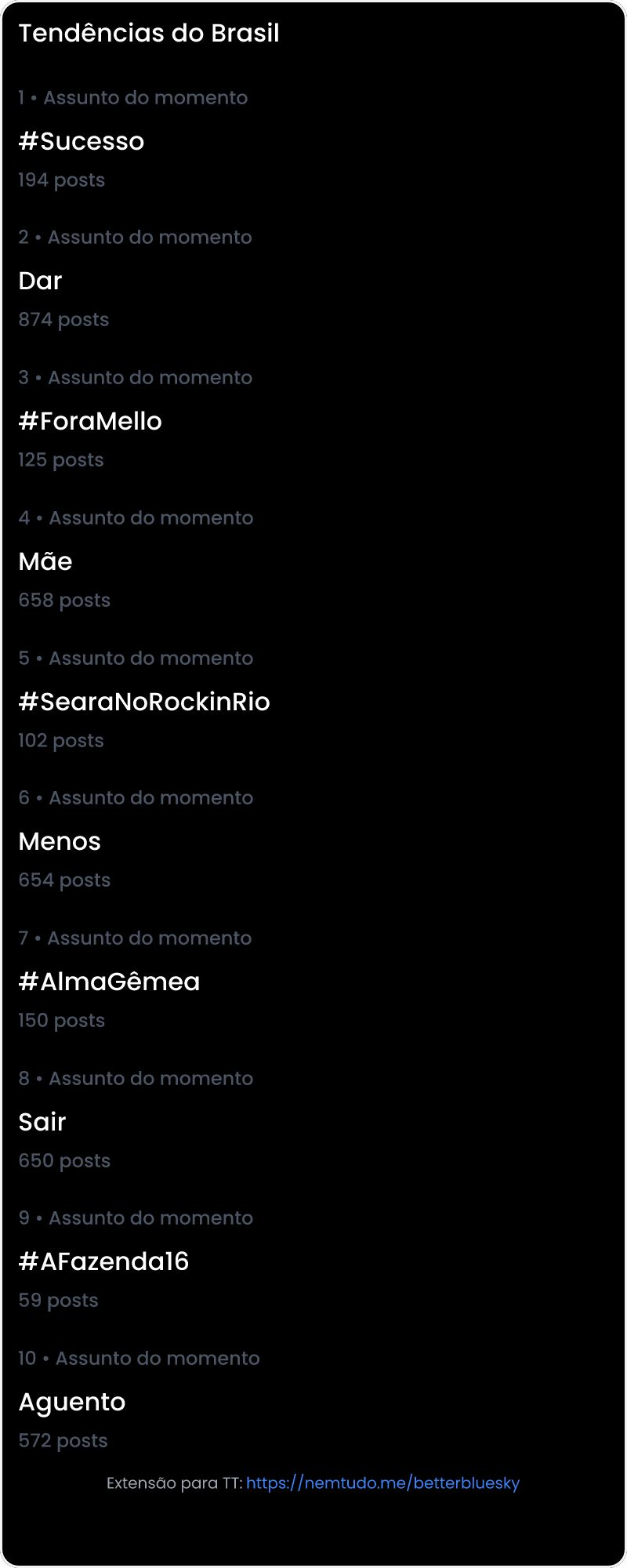 10 tendências/hashtags/palavras mais comentadas listadas por imagem.