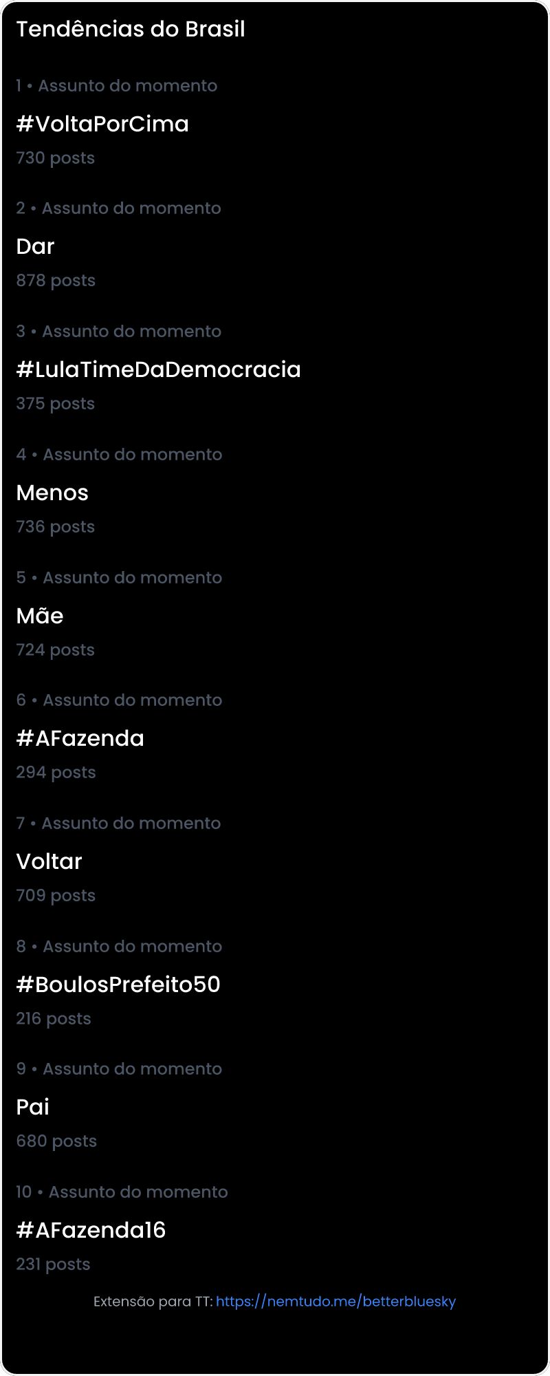 10 tendências/hashtags/palavras mais comentadas listadas por imagem.