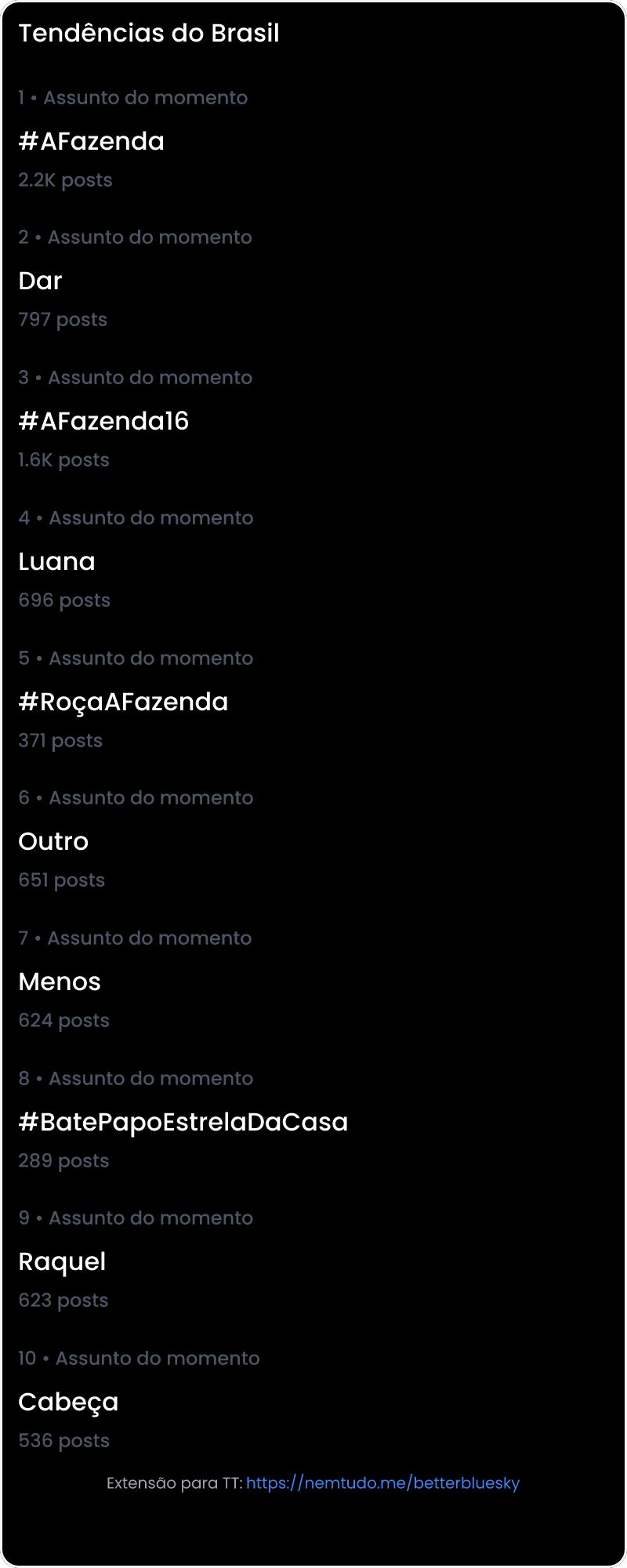 10 tendências/hashtags/palavras mais comentadas listadas por imagem.